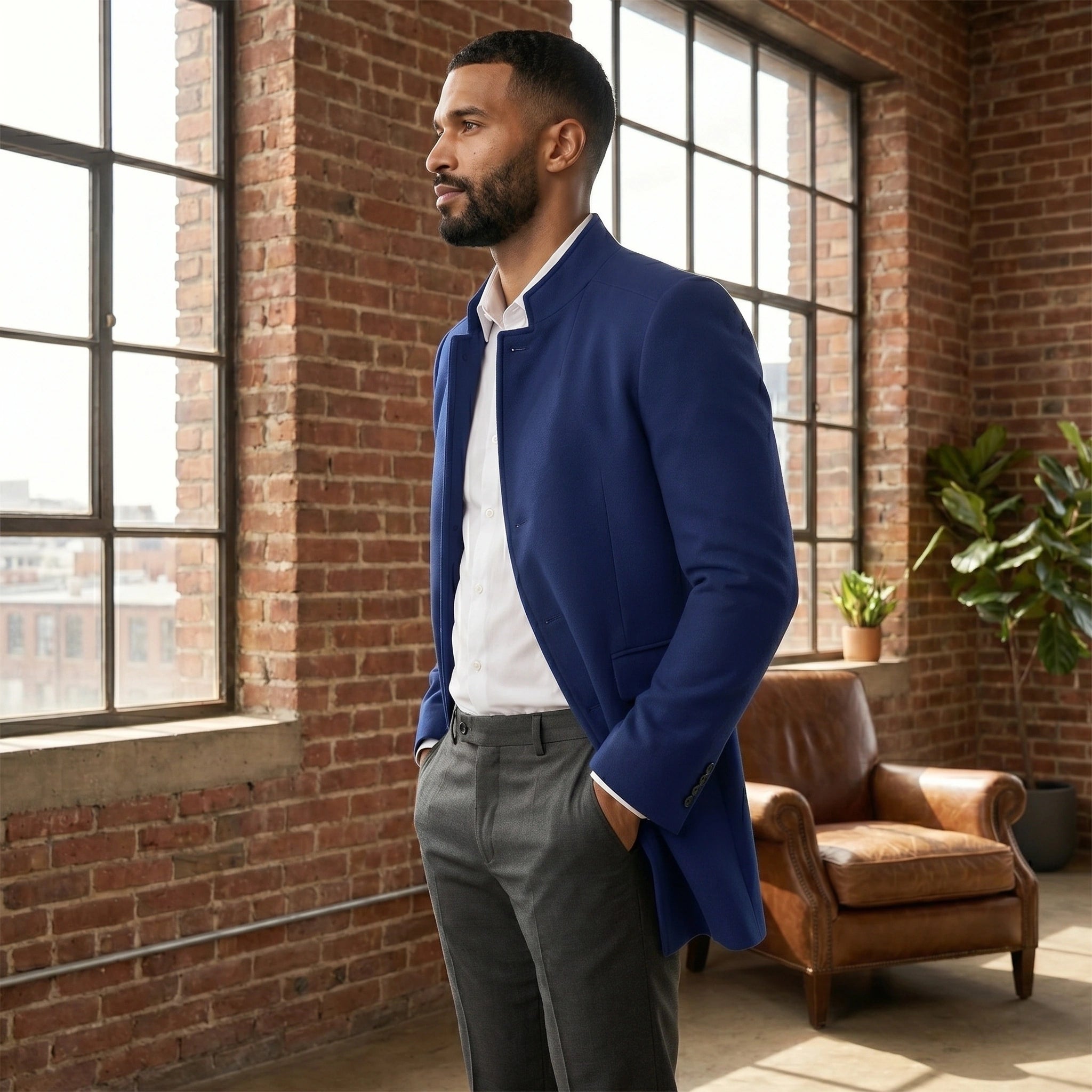 Back view of the Mens Sophisticated Slim Fit Jacket showing its tailored construction and design against a neutral background, perfect for layering.