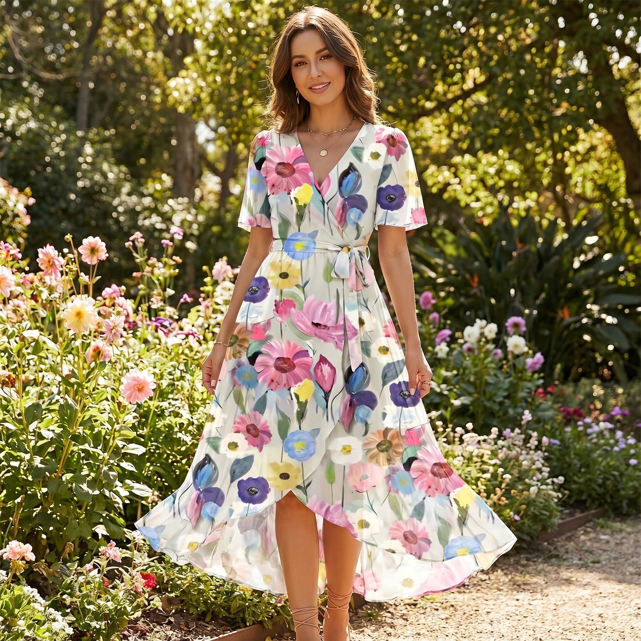 Close up view of the lightweight, flowy fabric of the Women's Flowy Summer Dress, showing intricate stitching and a soft, pastel color perfect for summer events.