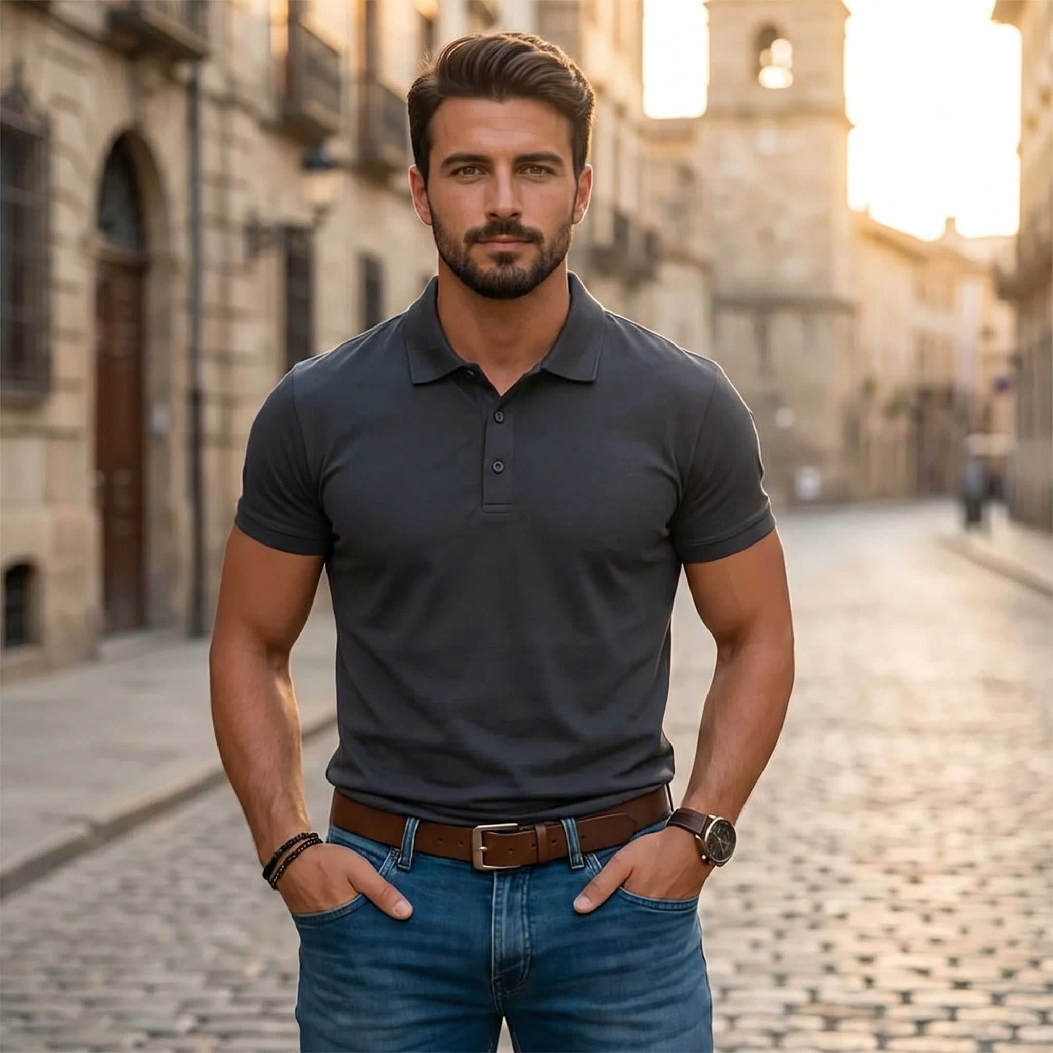 Back view of a model wearing a navy blue men's classic comfortable summer polo tee, showing the shirt's construction details against a neutral background.