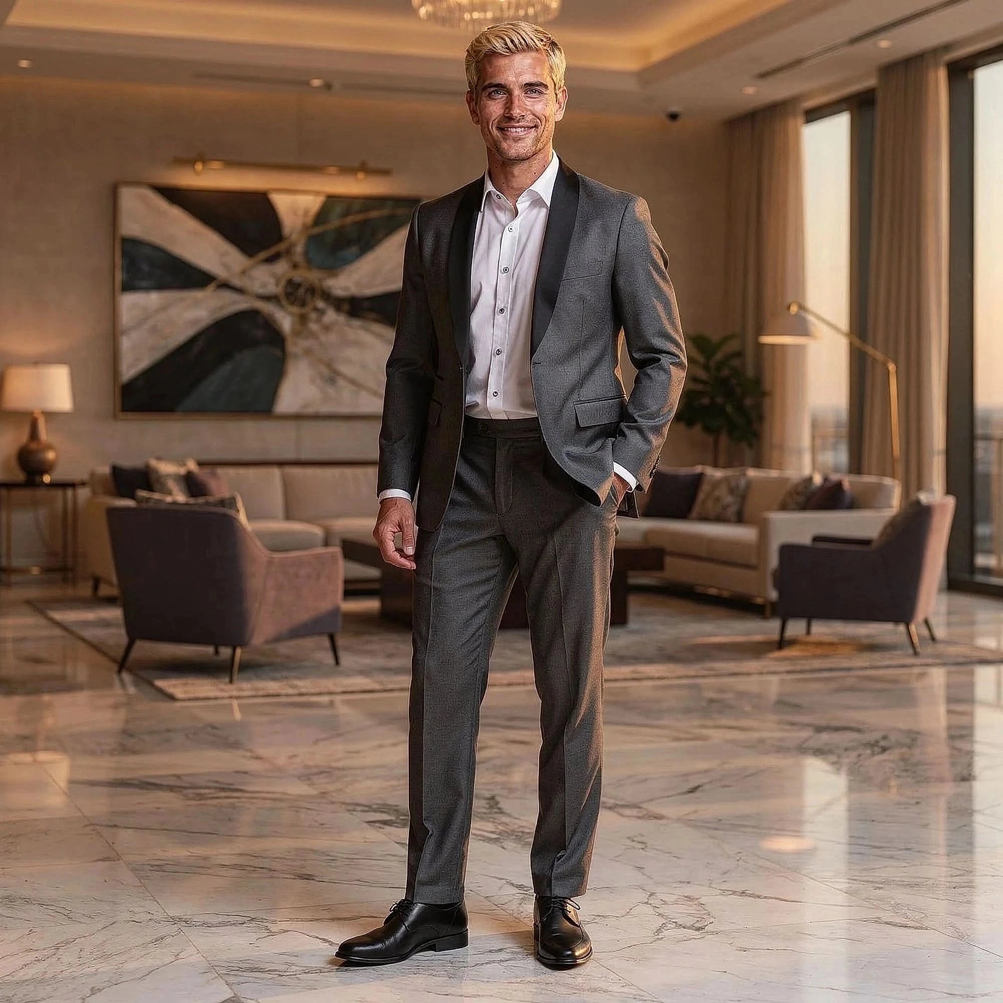 View of a tailored three piece suit set in dark gray fabric, featuring a fitted jacket, vest, and trousers