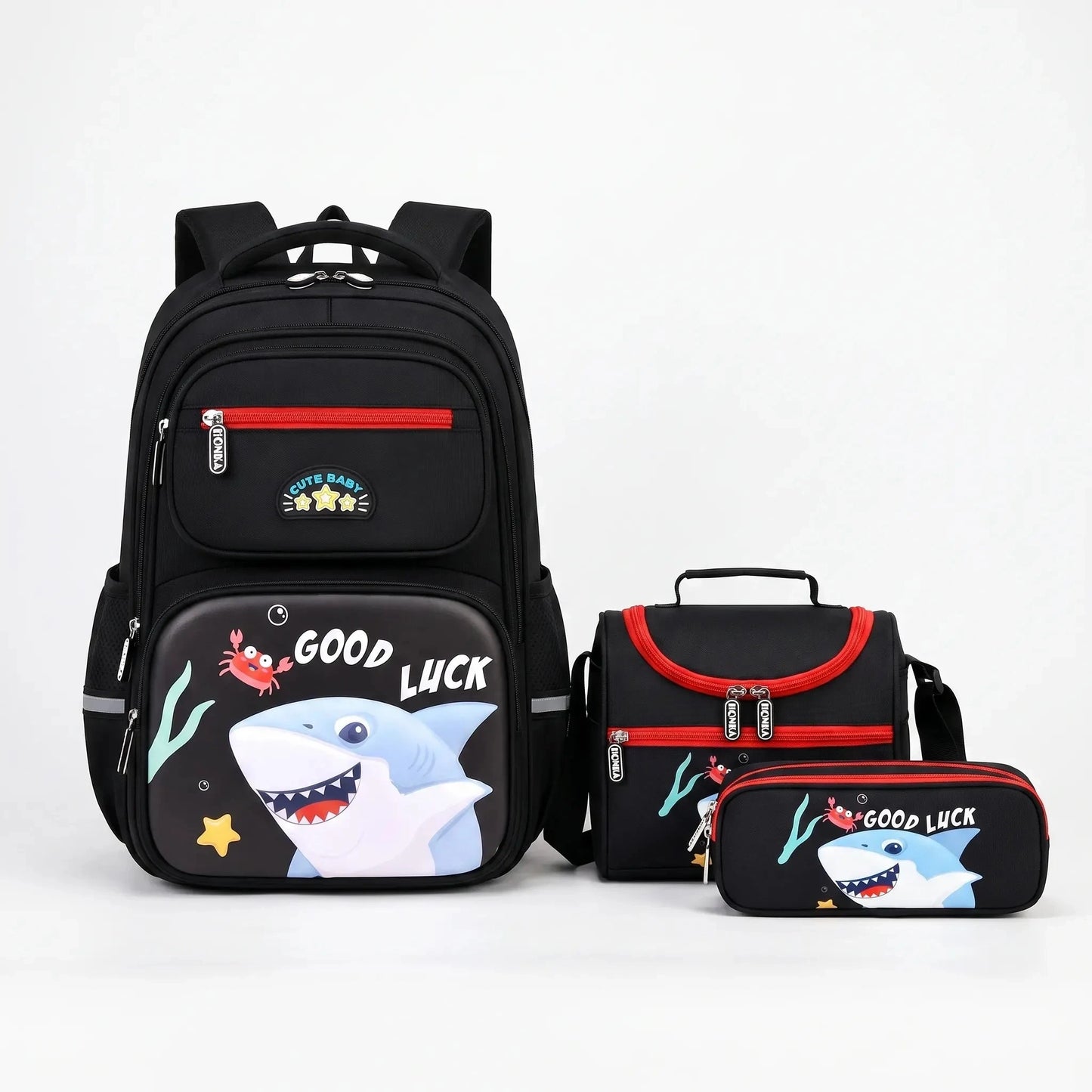 Stylish oxford school backpack set in navy blue with multiple compartments, padded straps, and a textured finish, view