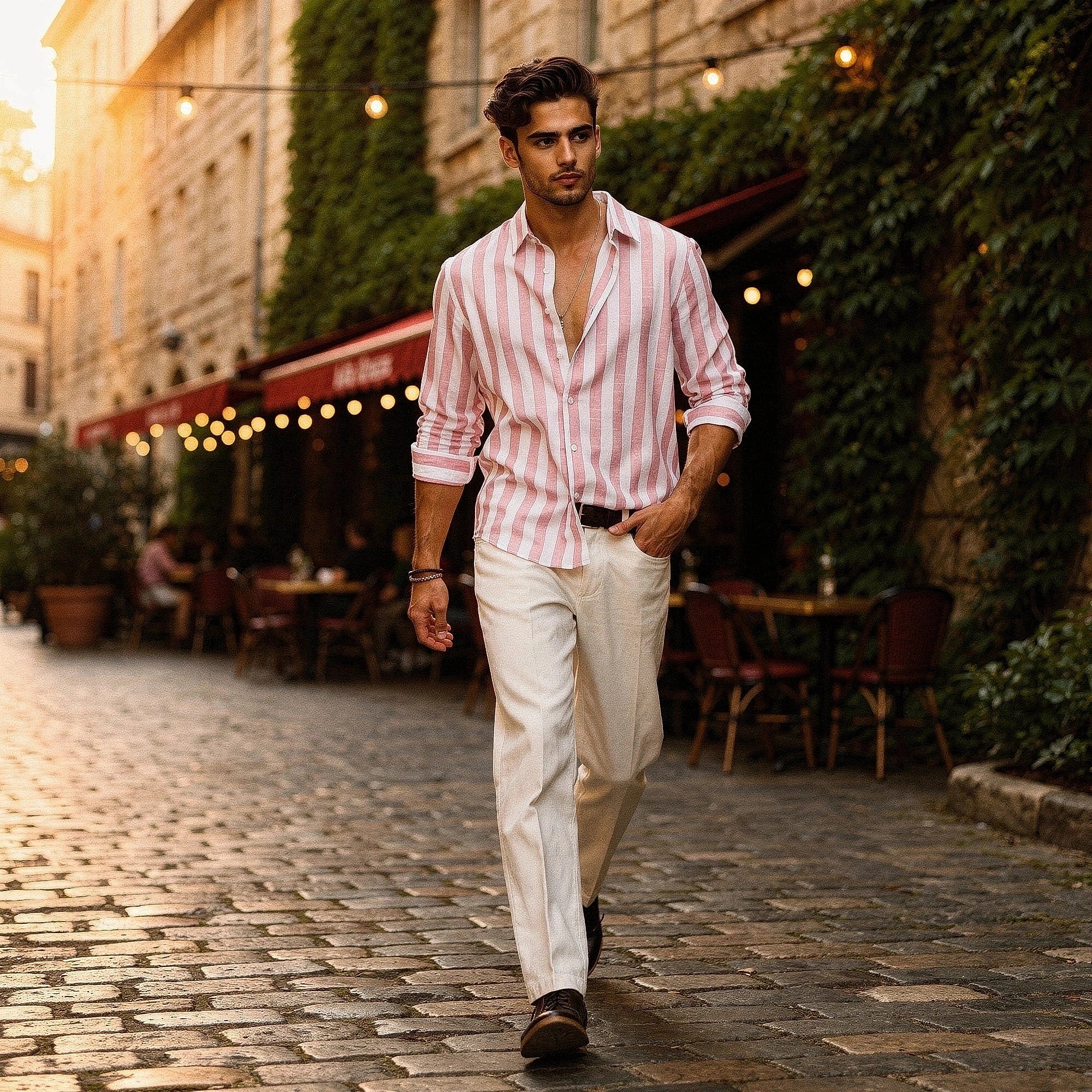 View of a relaxed striped short sleeve shirt in light blue and white, featuring a comfortable fit and soft fabric