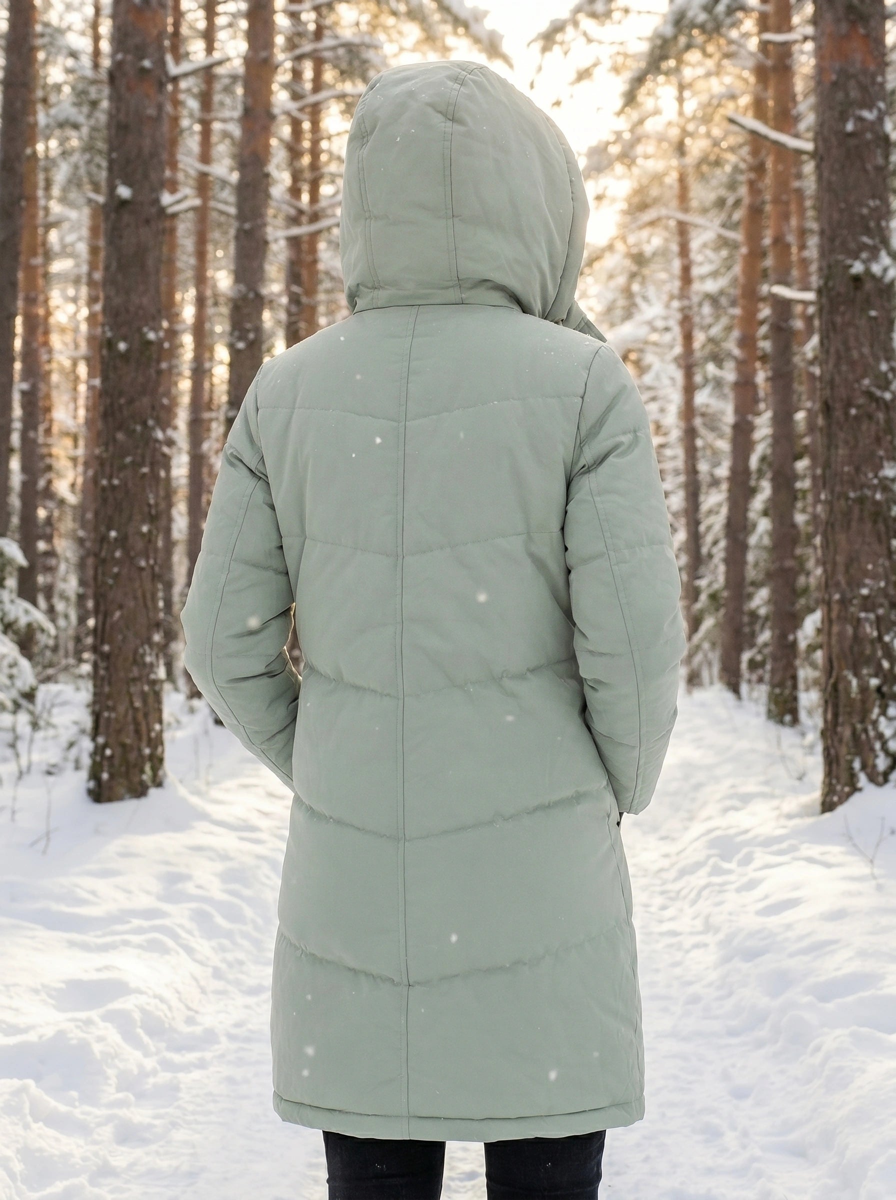 Close up view of the women's flattering quilted winter puffer jacket showing intricate stitching and luxurious fabric texture in a neutral color.