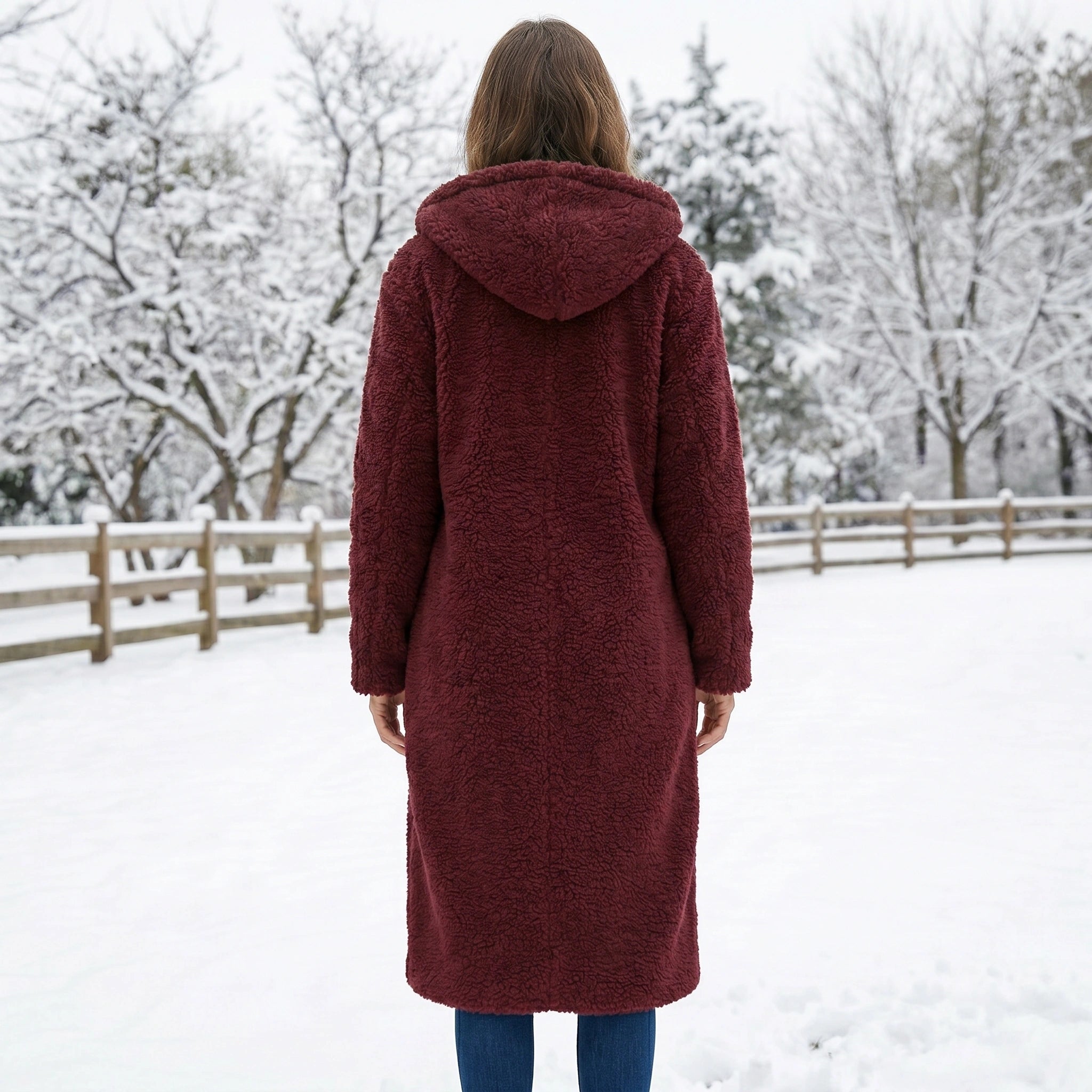 Close up view of the Womens Relaxed Classic Winter Coat showing the luxurious fabric texture and precise stitching details against a soft neutral background.