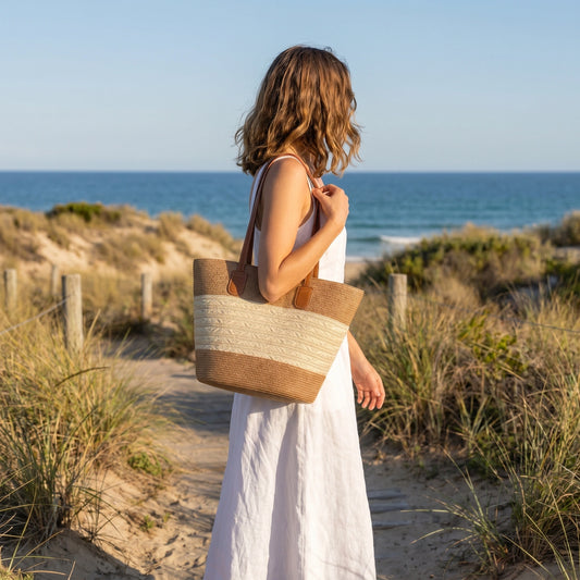 Close up of the Womens Spacious Summer Shoulder Bag showing its textured fabric, precise stitching, and design, perfect for beach and travel outings.