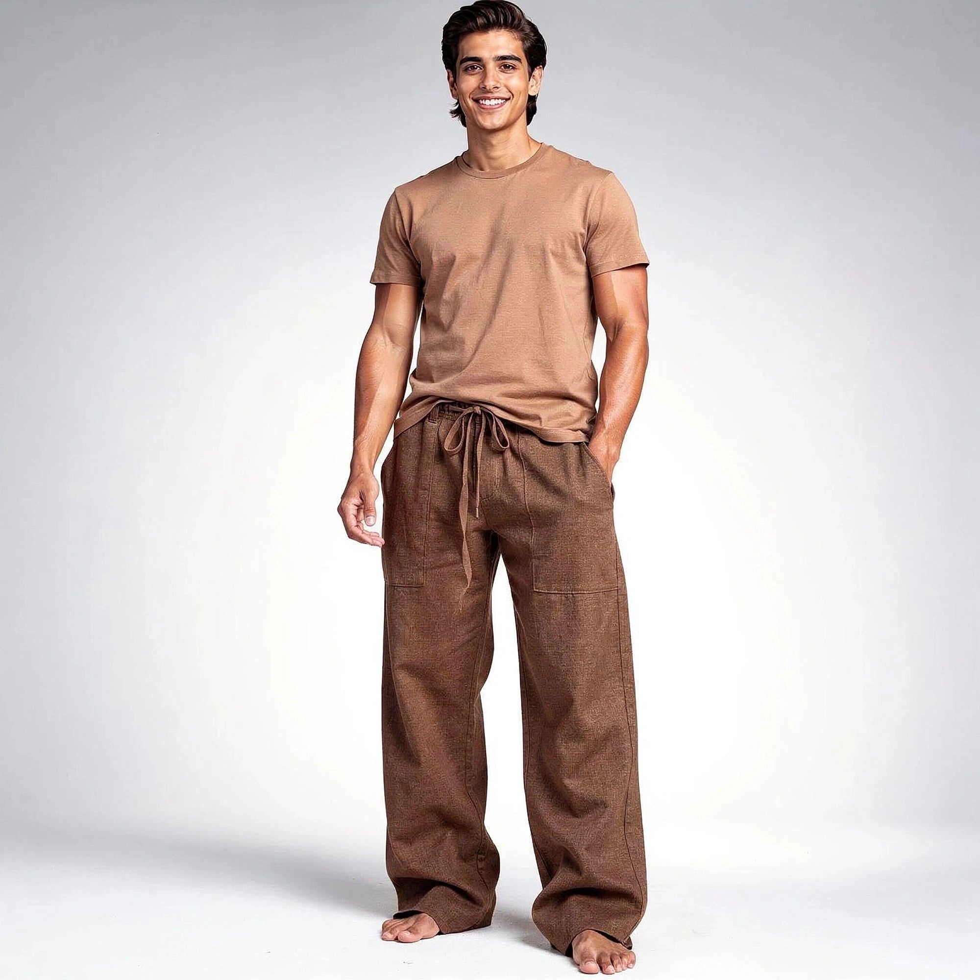 Light beige relaxed wide leg trousers made from soft fabric, featuring a high waist and pockets, view