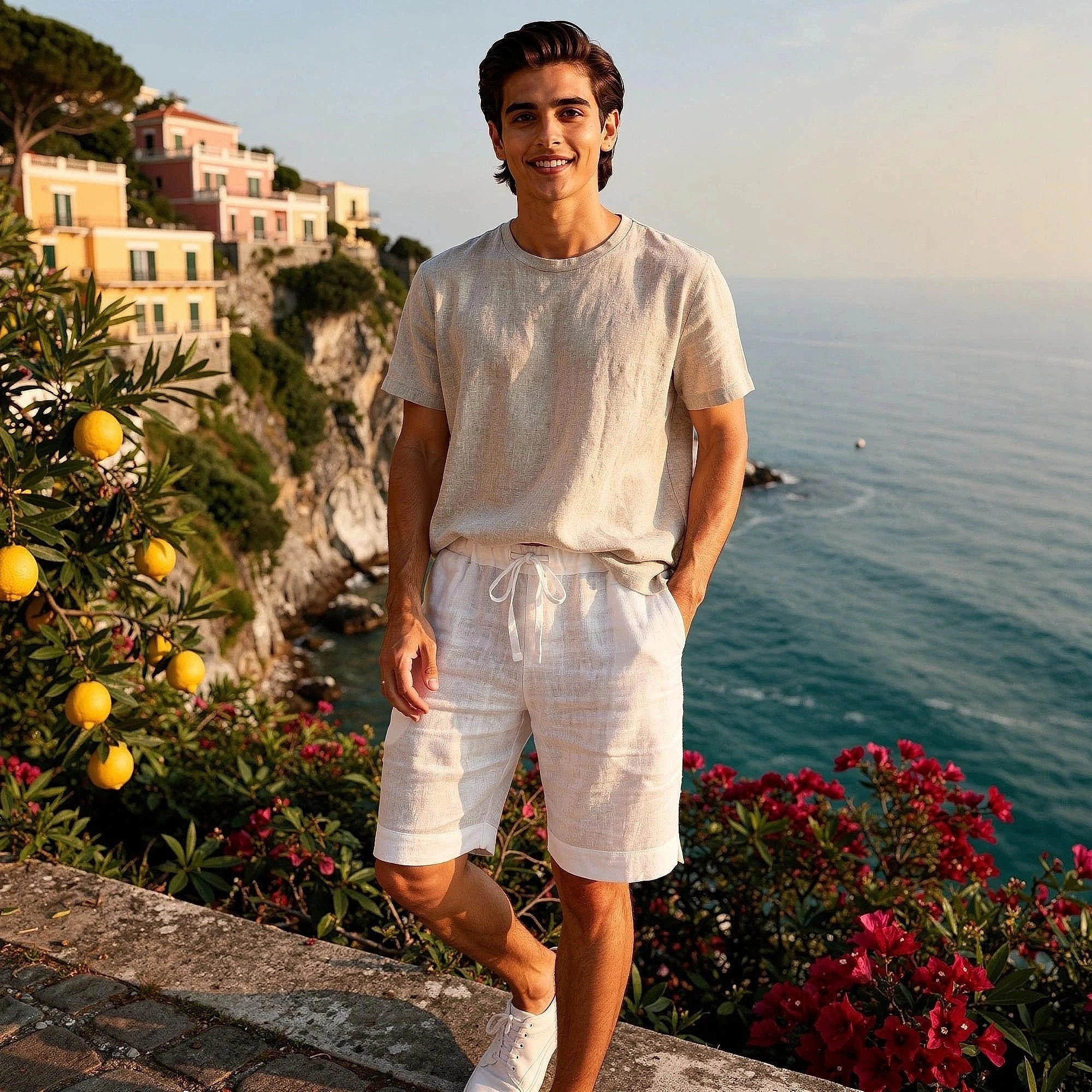 View of light gray breathable linen short pants with an elastic waistband and pockets