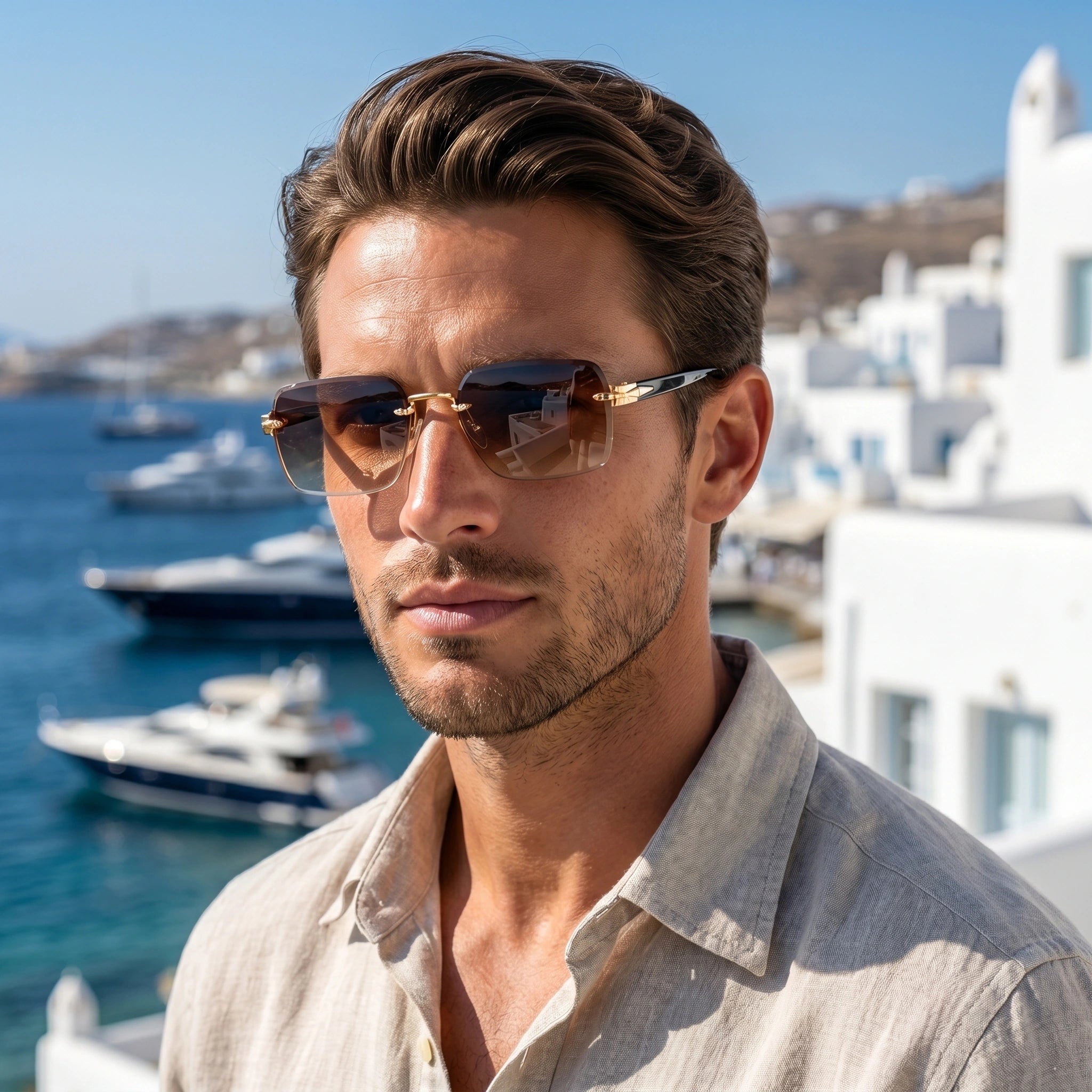Close up of the rimless design and sleek temple of men's summer sunglasses, showing craftsmanship against a neutral background.