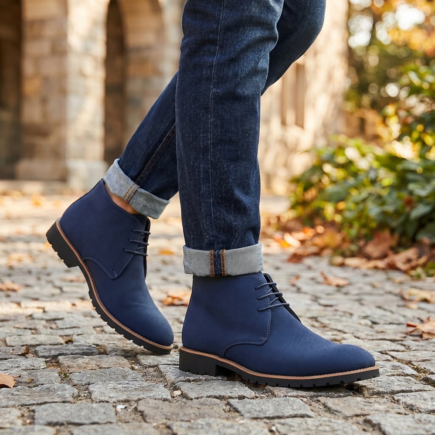 A model showcases Men's Casual Lace Up Ankle Boots in a outfit showing neutral tones, set against a minimalist urban background.