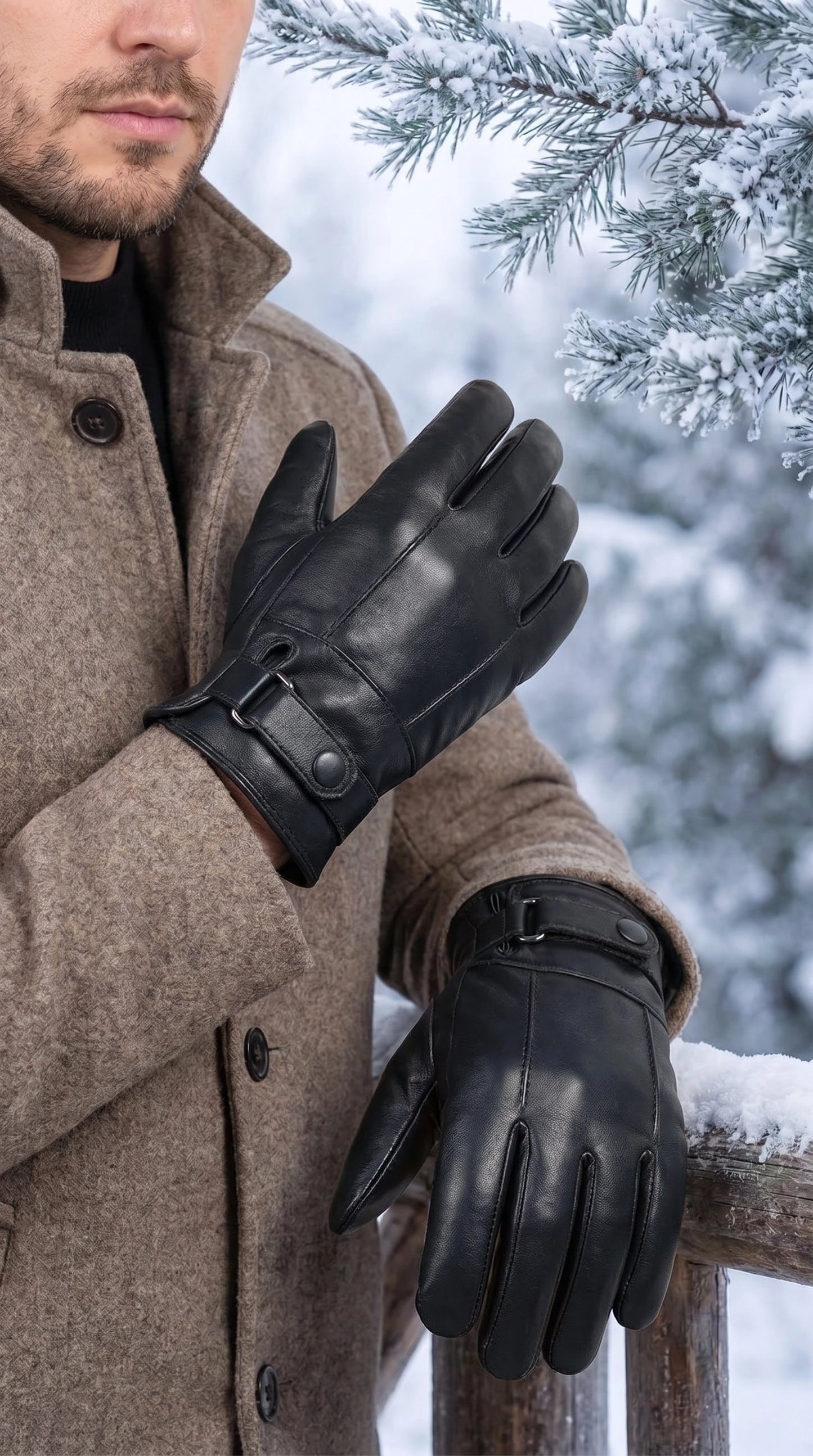 Close up view of the Mens Sleek Warm Winter Gloves showing fine stitching and luxurious fabric texture, perfect for outdoor activities in winter.