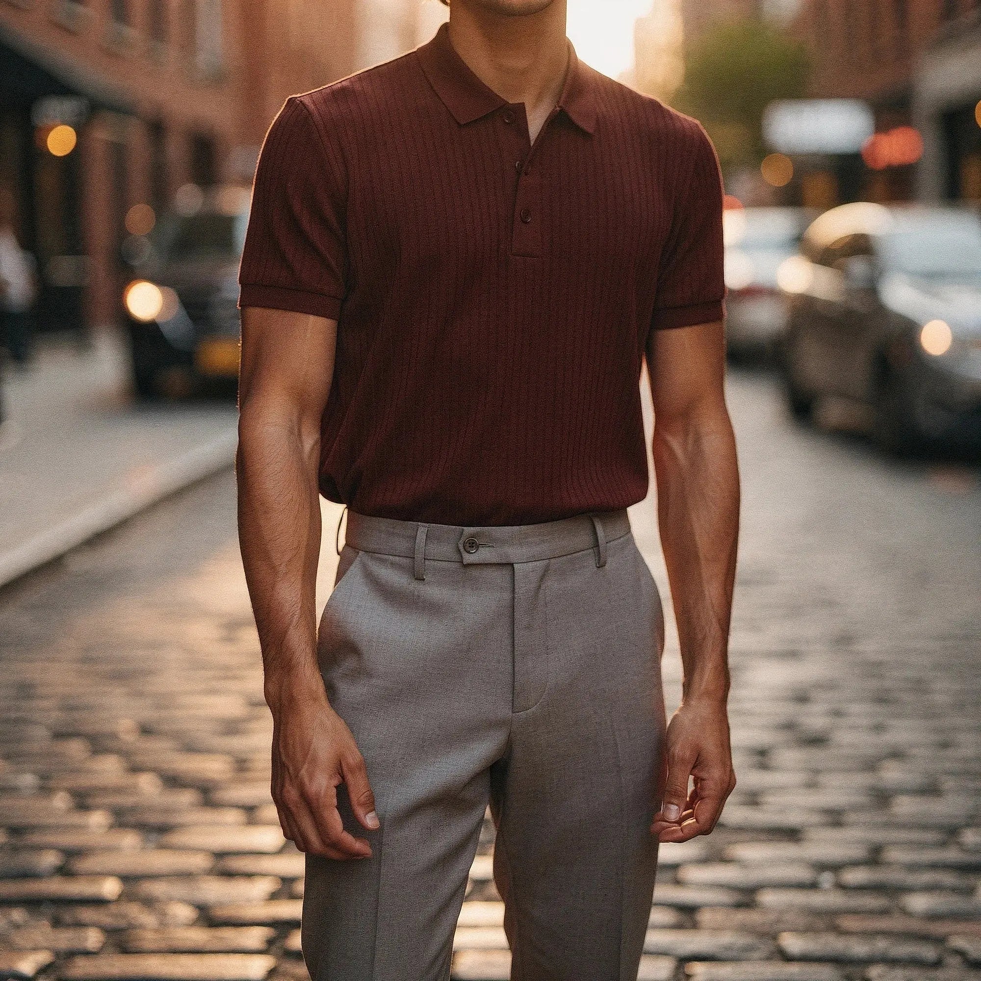 View of a slim fit short sleeve polo t shirt in light blue, made from breathable cotton, featuring a classic collar and button placket
