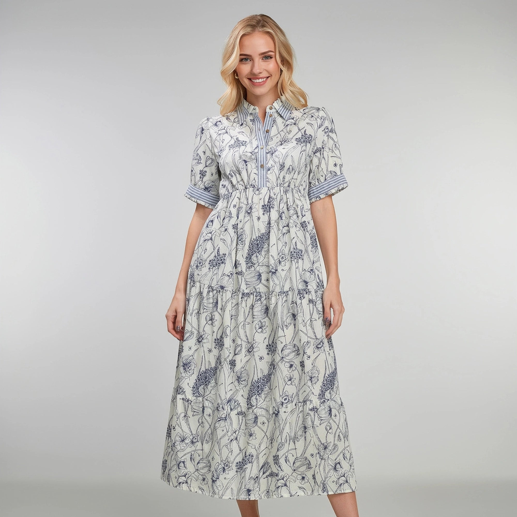 View of a romantic elegant midi dress featuring soft pink fabric, delicate lace trim, and a flowing silhouette