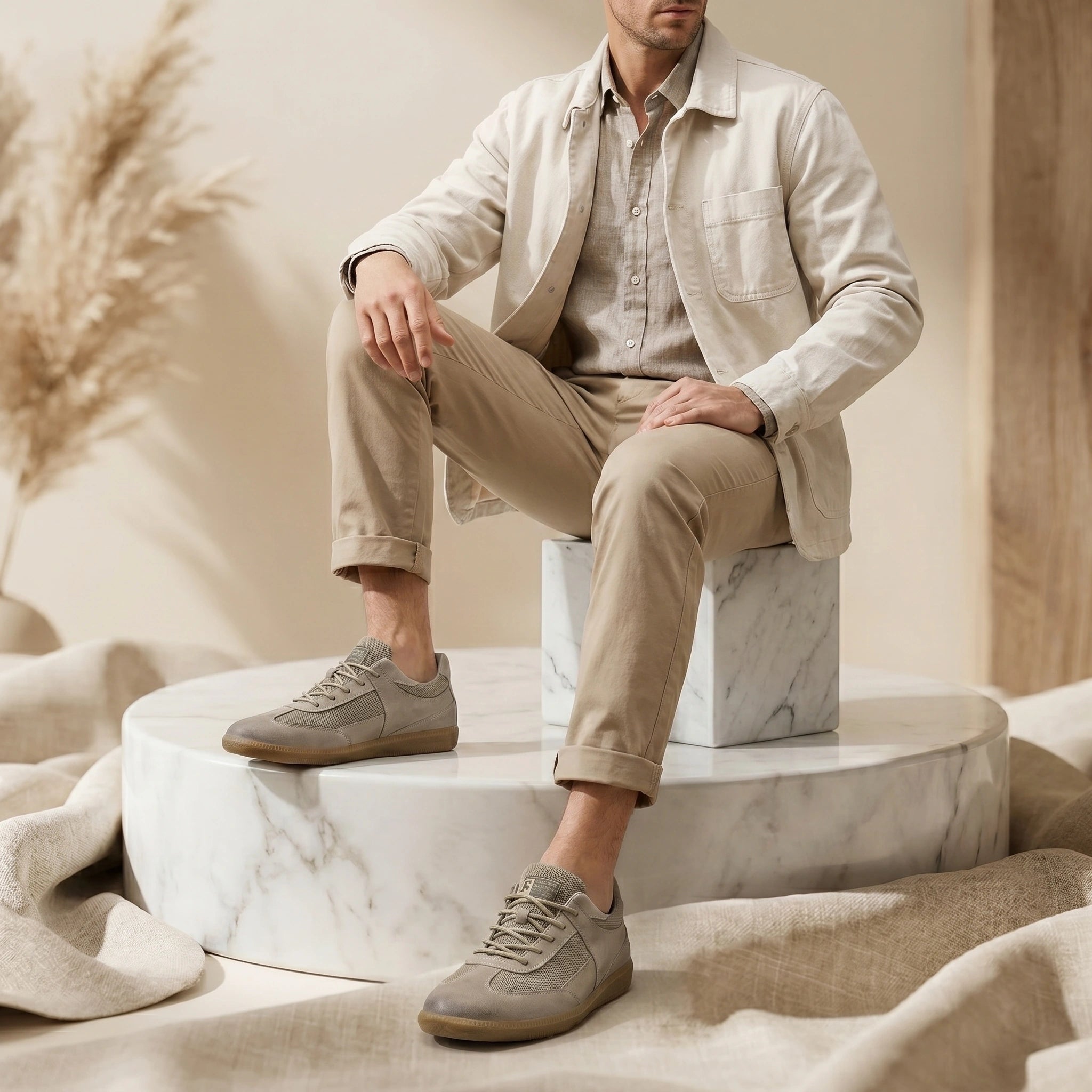 Close up of the soft fabric and precise stitching on the Mens Classic Lace Up Sneakers, showing their quality craftsmanship and modern design.