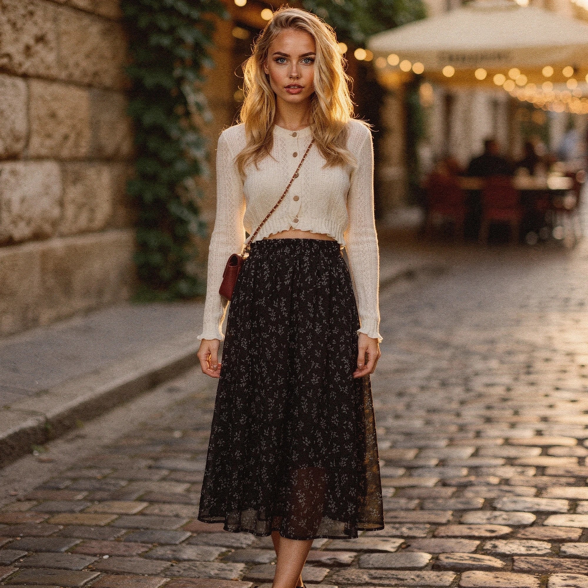 View of a flowy spring midi skirt in soft pastel colors, featuring a romantic floral pattern and lightweight fabric