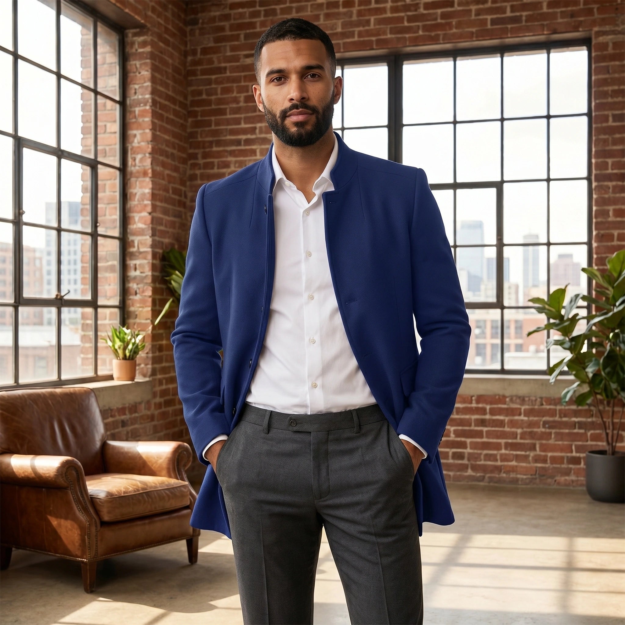 Close up view of the Mens Sophisticated Slim Fit Jacket showing premium fabric texture and meticulous stitching details against a neutral background.