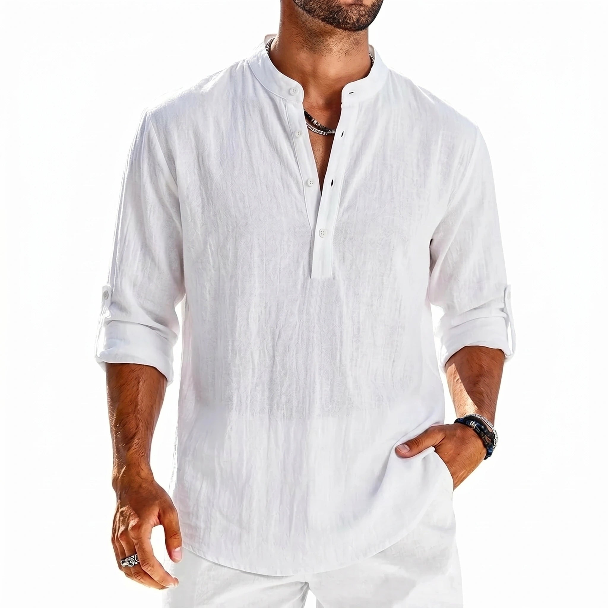 Close up view of the lightweight fabric and precise stitching of the men's casual beach shirt, showing its breathable texture and design.