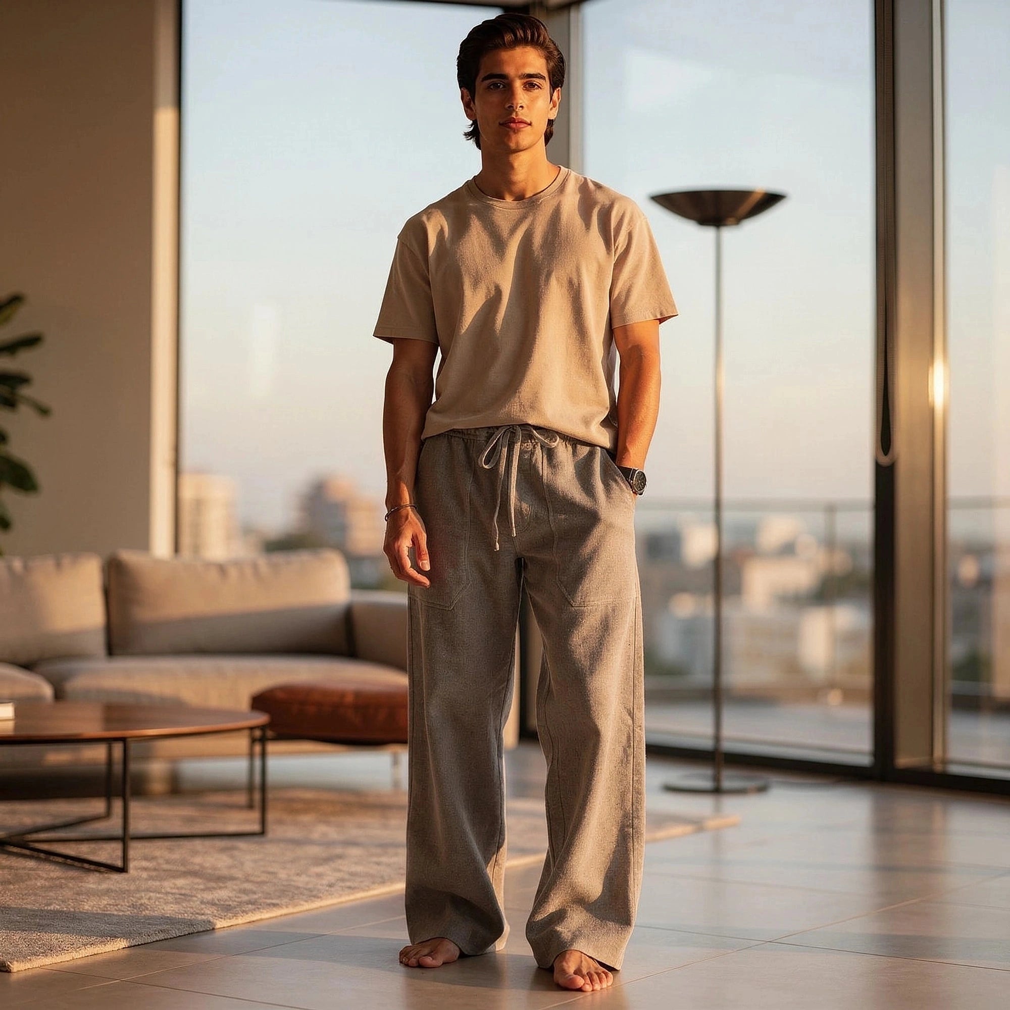 View of relaxed wide leg trousers in soft beige fabric, featuring a comfortable waistband and pockets