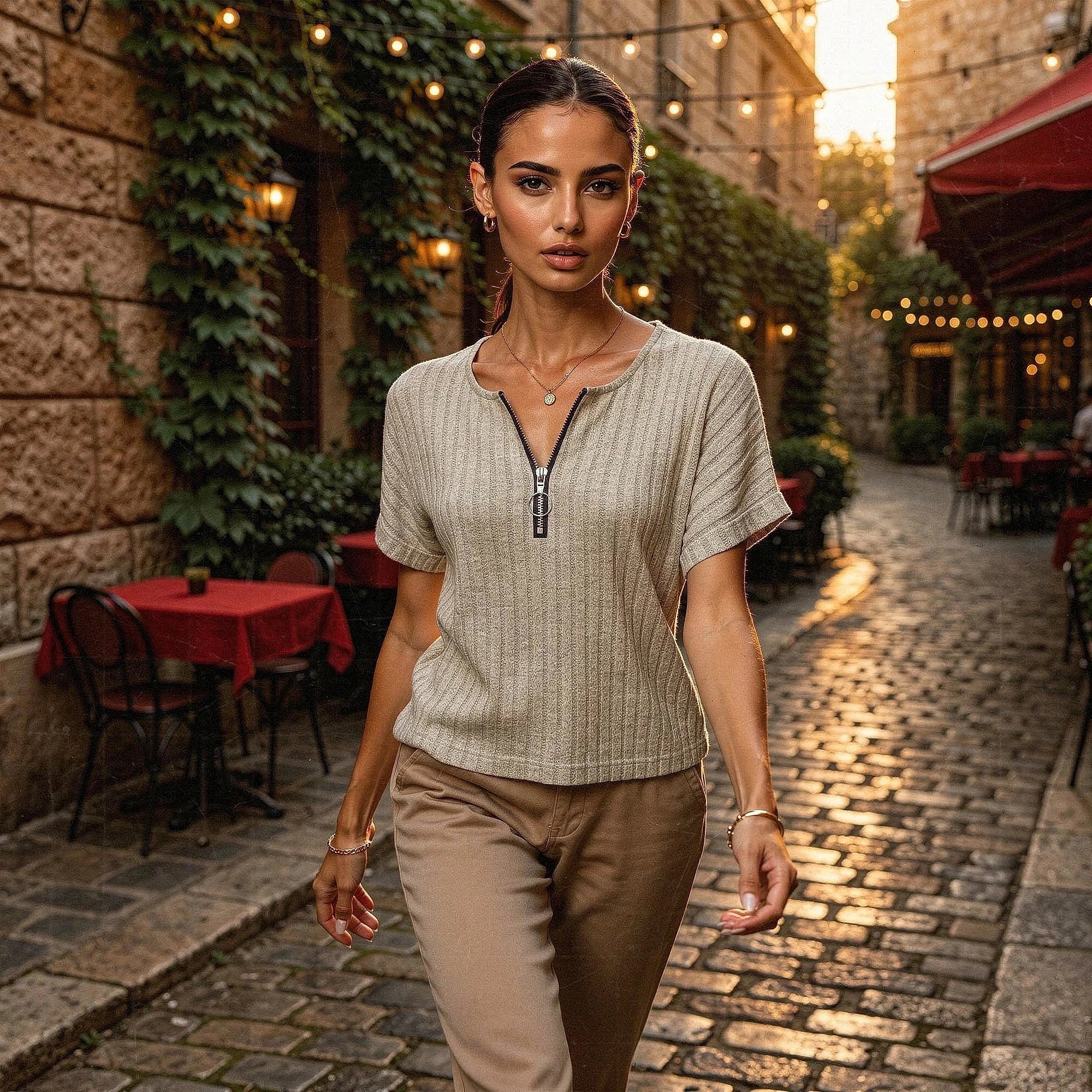 View of a relaxed fit short sleeve hooded tee in soft gray fabric, featuring a comfortable hood and casual silhouette