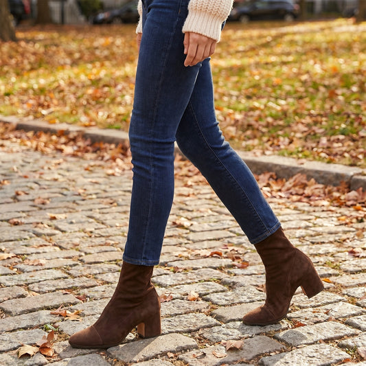 Model showcases women's comfortable autumn heel boots in a rich burgundy color, styled with a high waisted skirt against a neutral backdrop.