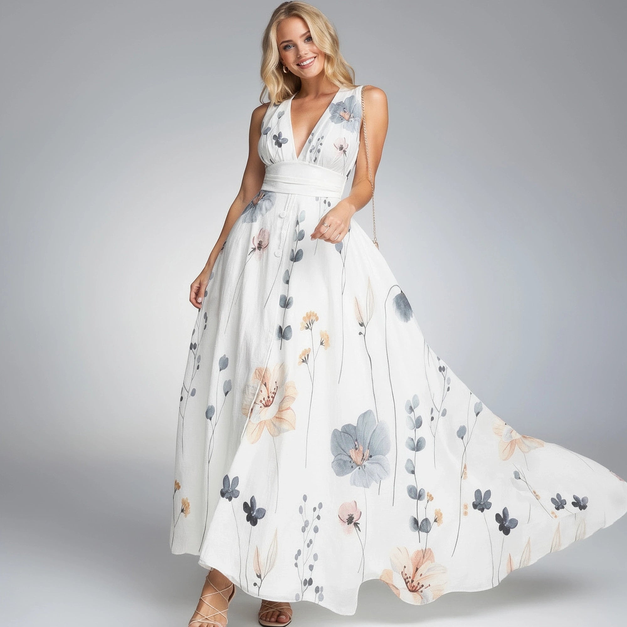 View of an elegant maxi dress in soft, flowing fabric, featuring a deep green color and a flattering silhouette