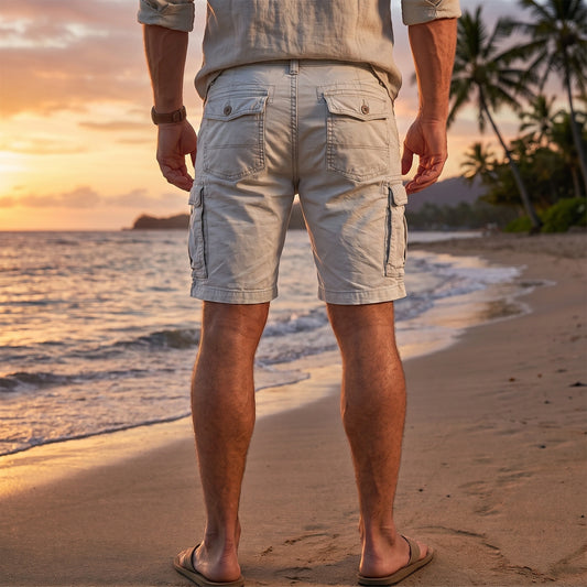 Close up view of the lightweight fabric and detailed stitching of men's structured functional summer cargo shorts, showing their design and practicality for warm weather.