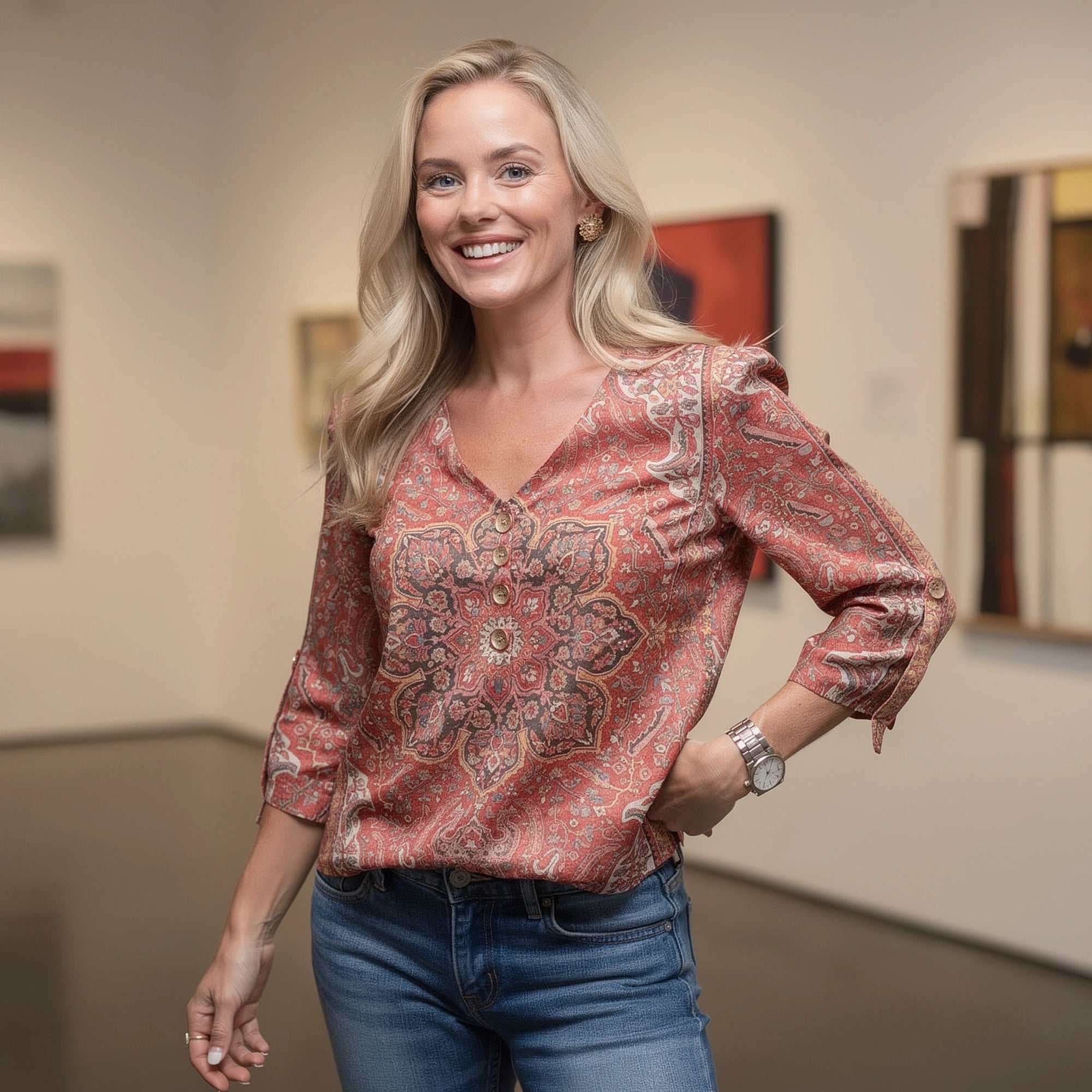 View of a bohemian print blouse featuring an oriental style, with flowing fabric and vibrant colors
