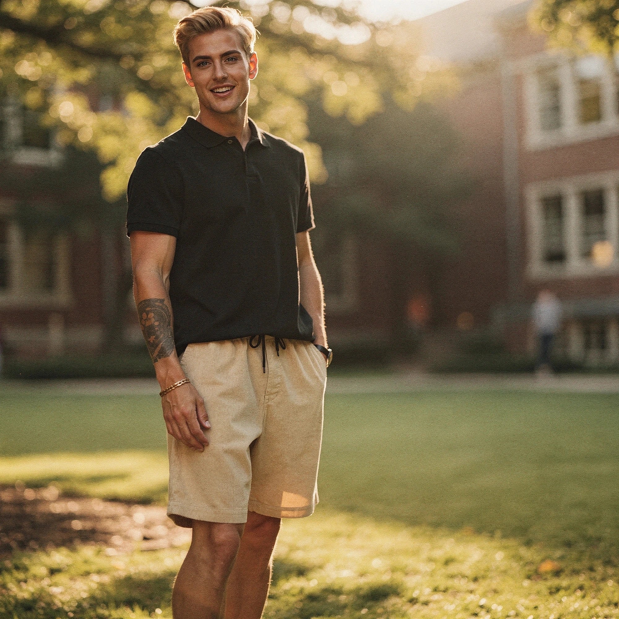 View of relaxed stretchy summer shorts in light gray fabric, featuring pockets and an elastic waistband