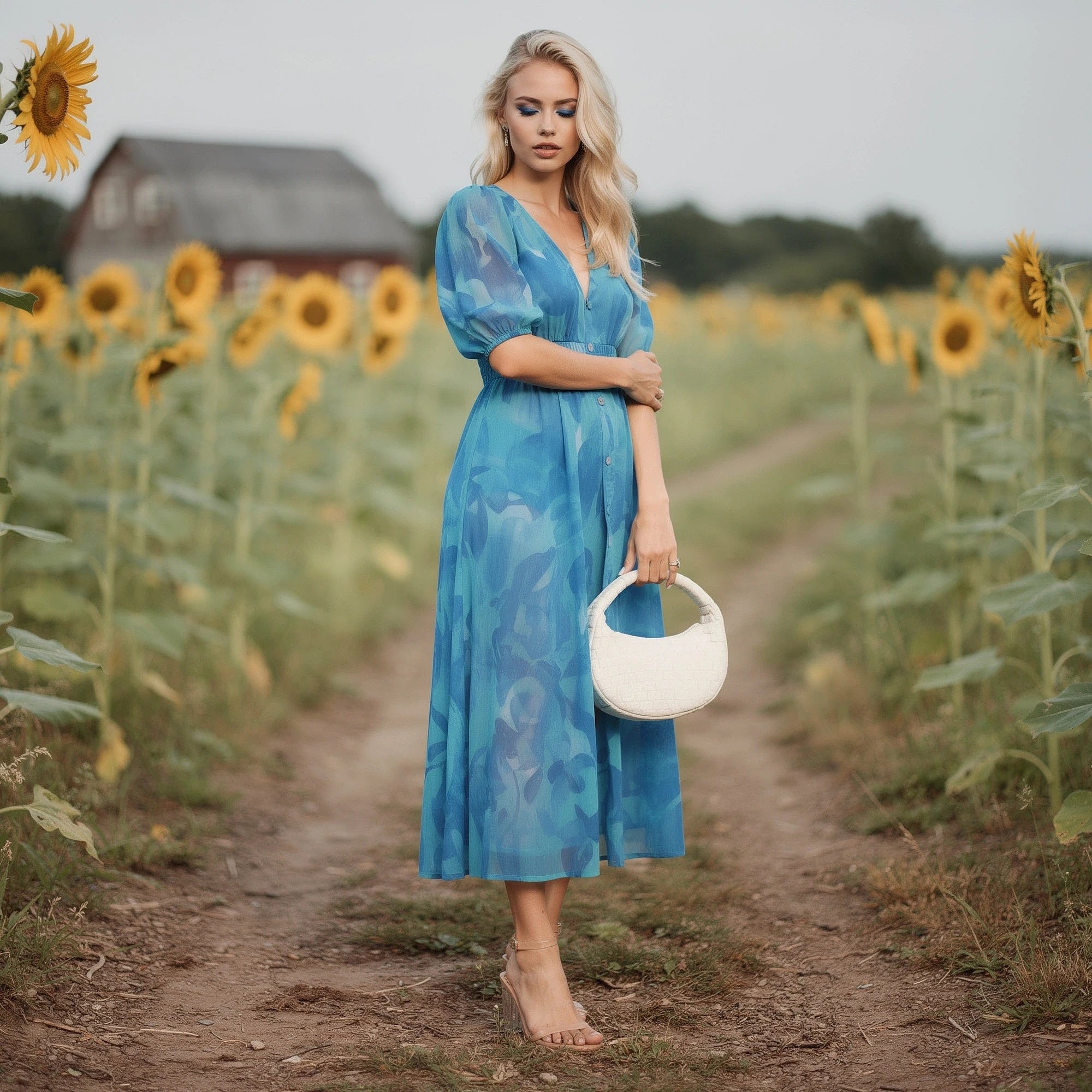 View of a floral midi dress featuring a vibrant pattern of pink and yellow flowers on a soft fabric