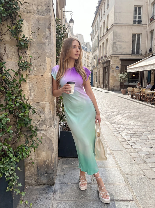 Back view of the Womens Effortless Midi Dress in a soft pastel hue, showing its silhouette and intricate construction details against a minimalistic backdrop.