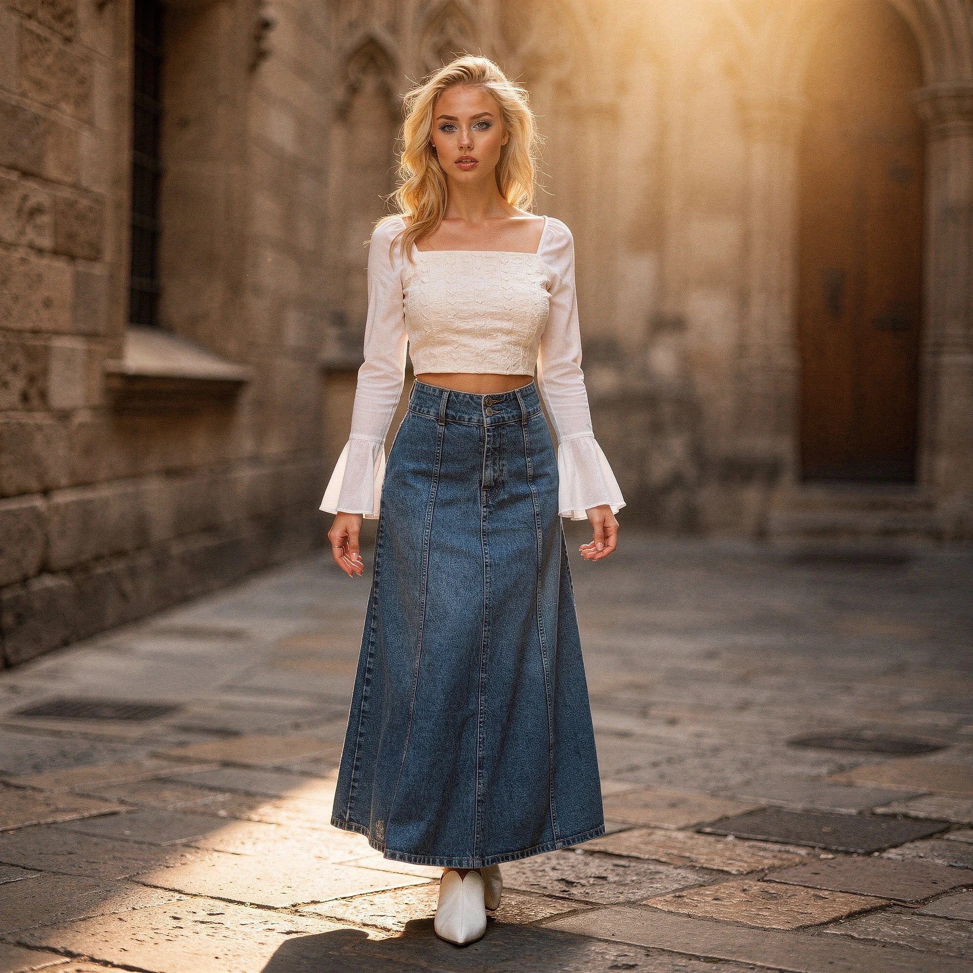 View of a flowy midi skirt in soft fabric, featuring a chic silhouette and a versatile neutral color