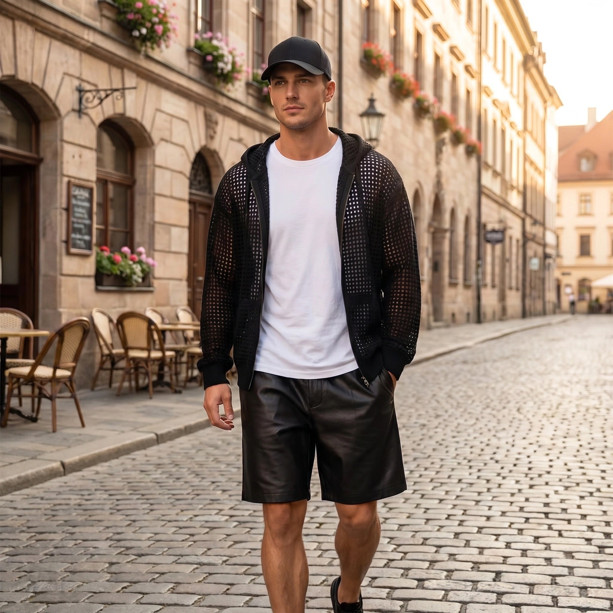 Close up of the men's casual lightweight summer hoodie showing the soft fabric texture and precise stitching, set against a neutral background.
