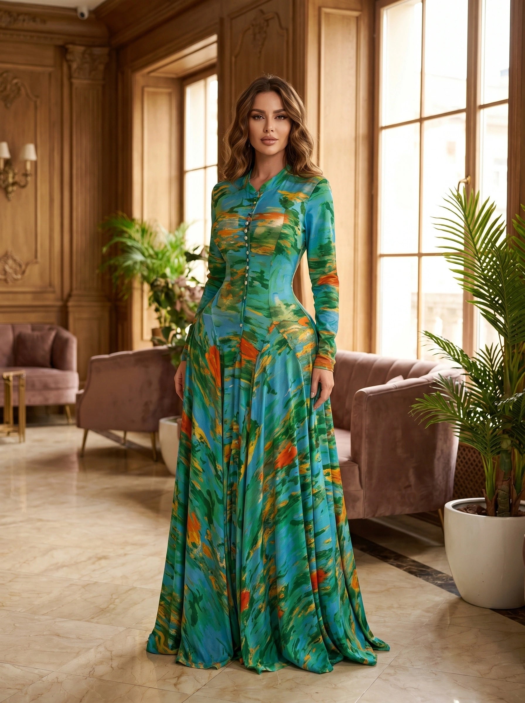 Close up of the Womens Free Spirited Summer Dress showing its intricate stitching and lightweight fabric in a vibrant floral pattern, perfect for summer events.