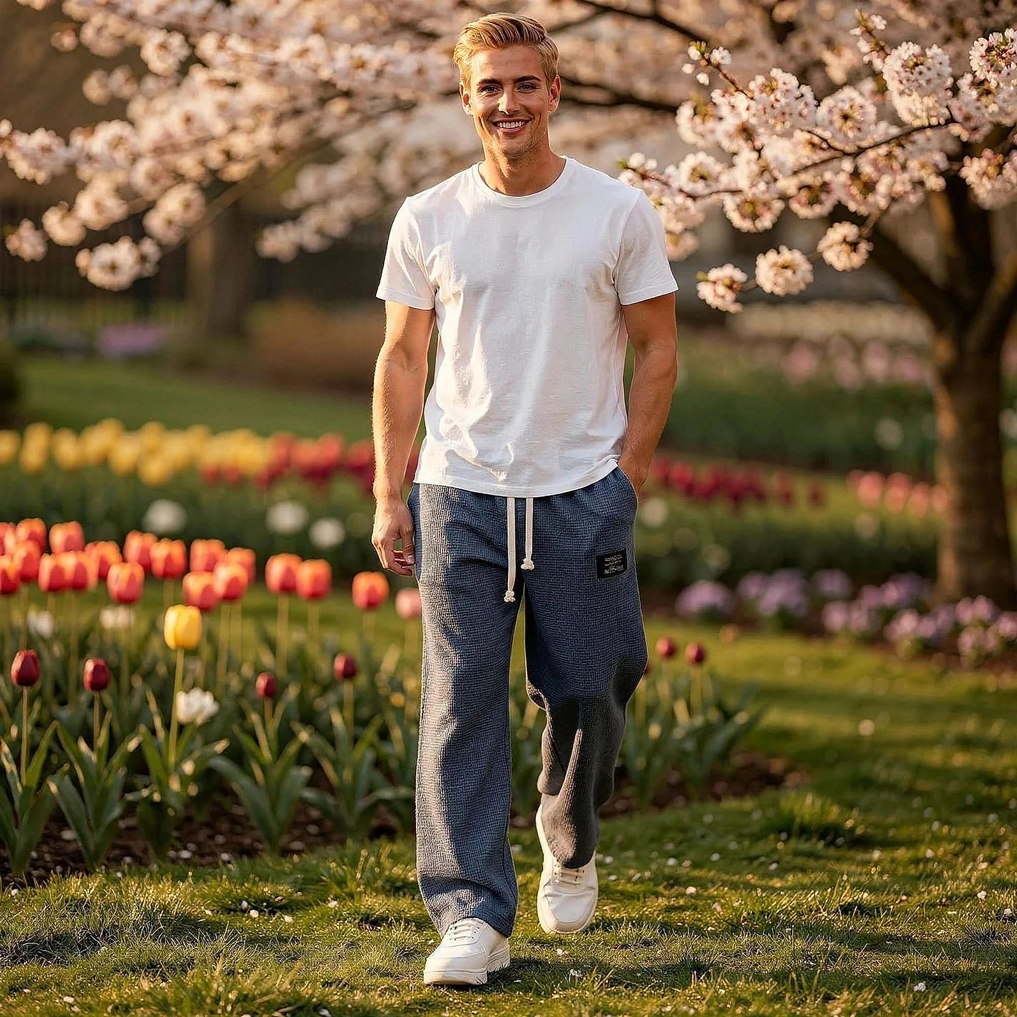 View of relaxed fit pants in soft beige fabric, featuring an elastic waistband and pockets