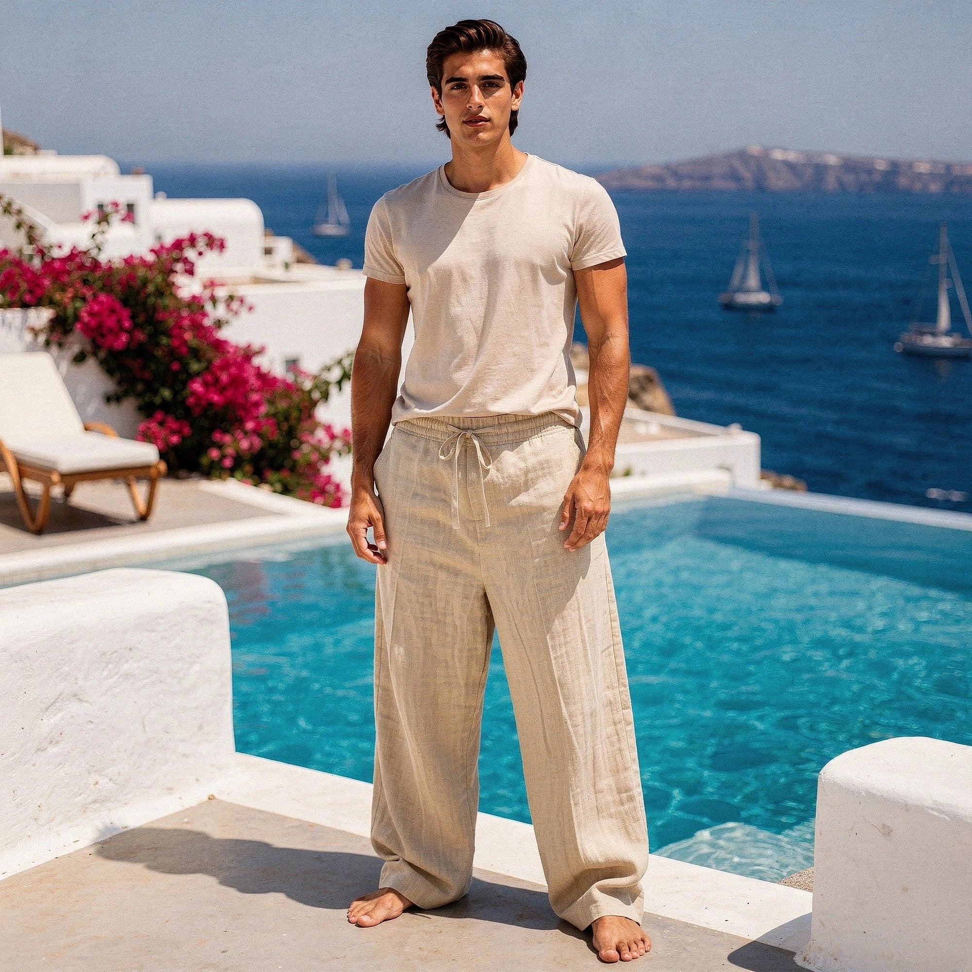 Lightweight casual trousers in a soft beige fabric, featuring a relaxed fit and pockets, view