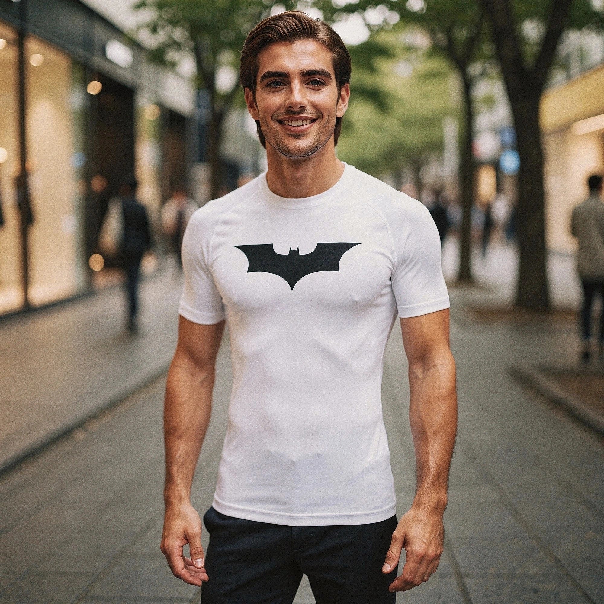 View of a fitted black athletic compression running tee, made