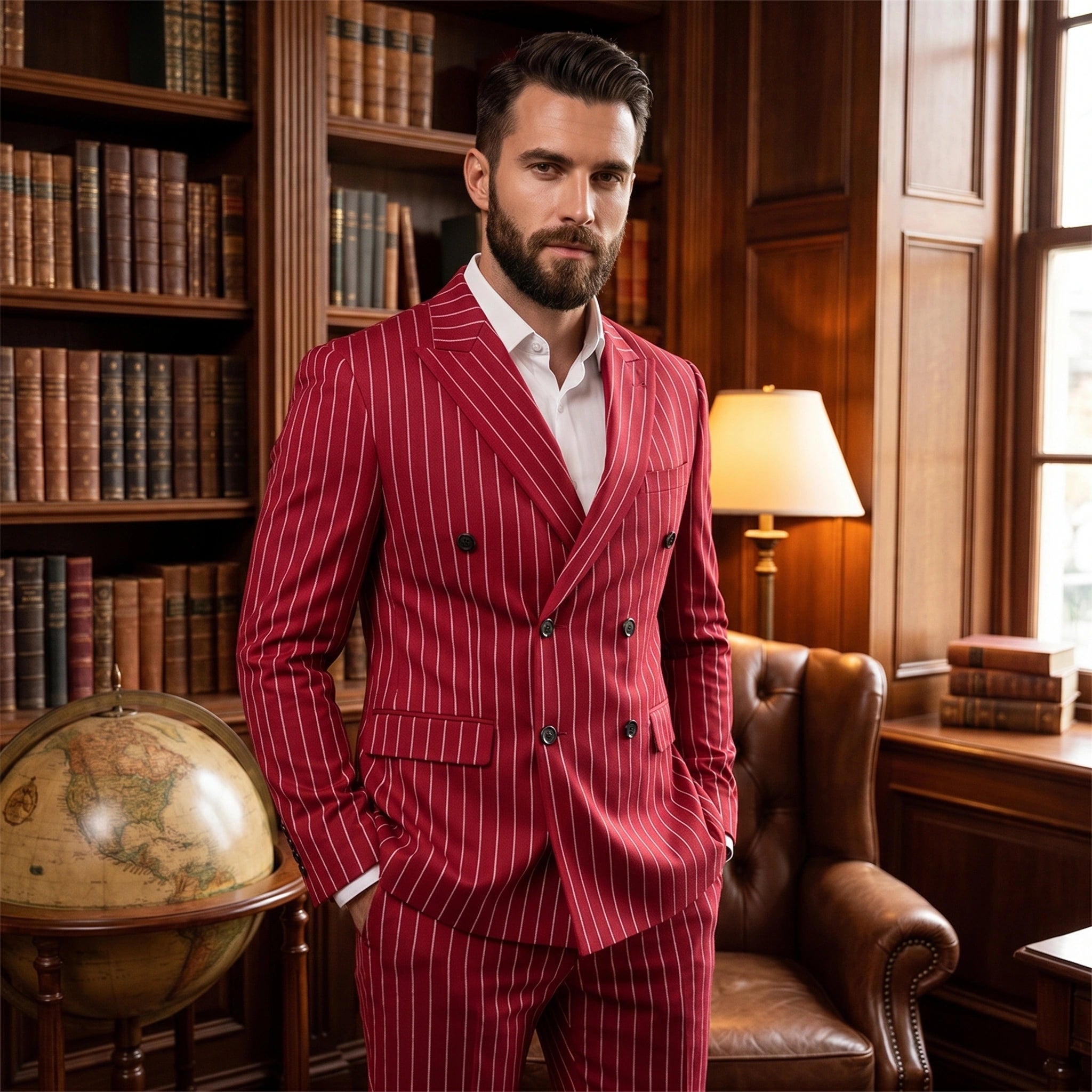 Close up view of the men's tailored sophisticated suit showing the intricate stitching and luxurious fabric texture against a neutral background.