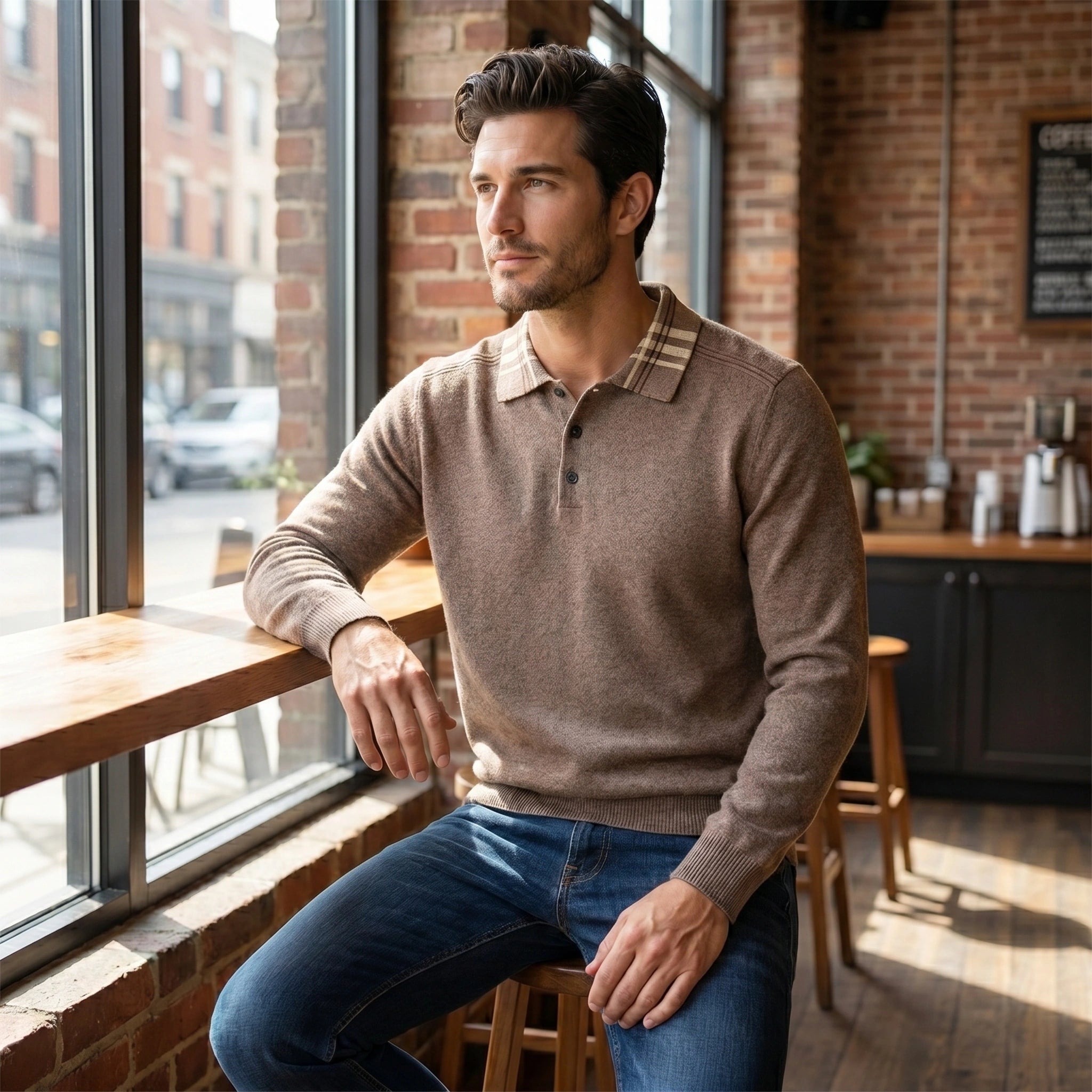 Back view of a model wearing a navy Mens Classic Button Polo Sweater, showing its fine knit texture and tailored fit against a neutral background.