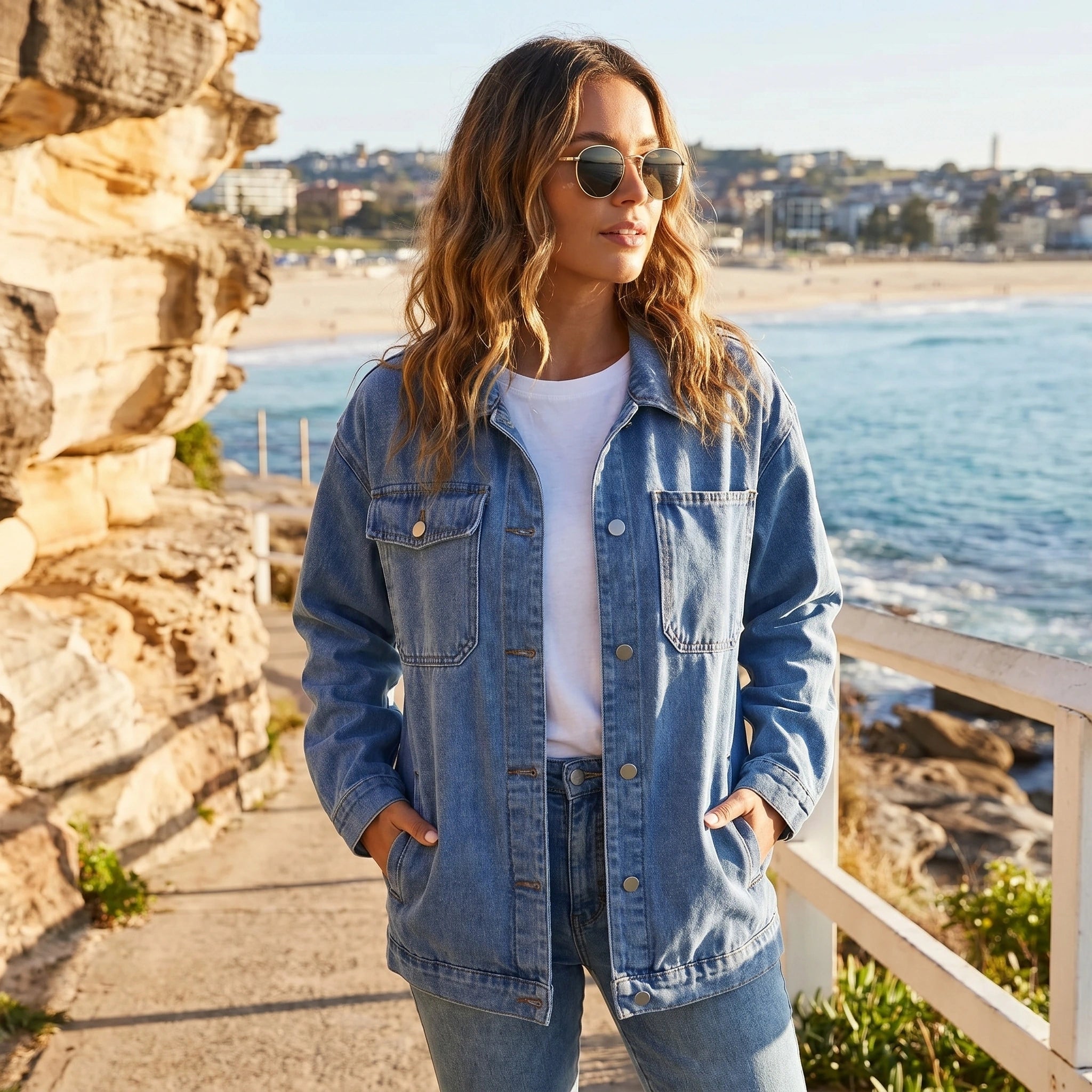 Close up of the Women's Structured Denim Jacket showing its premium fabric, precise stitching, and design elements against a neutral background.