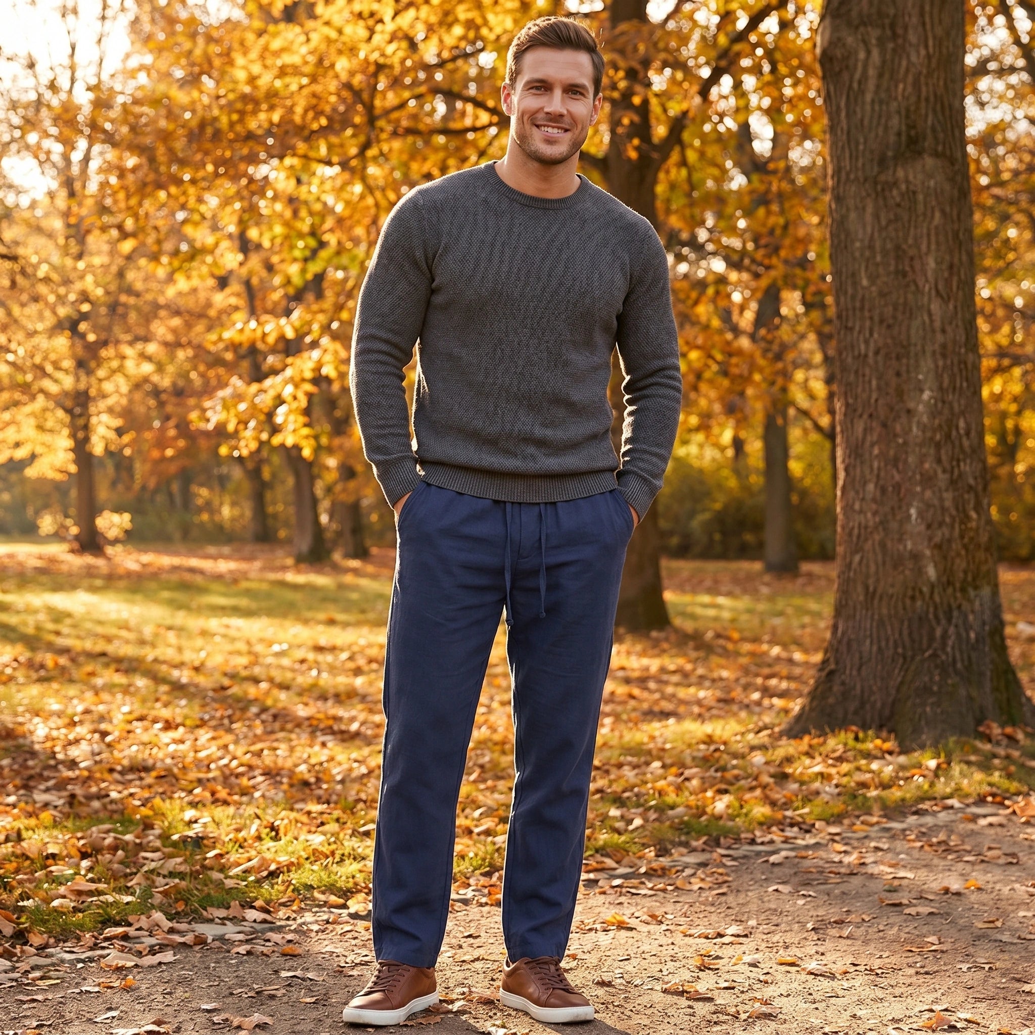 A model showcases the men's breathable solid linen pants in a light beige color, styled with a casual shirt against a neutral background.