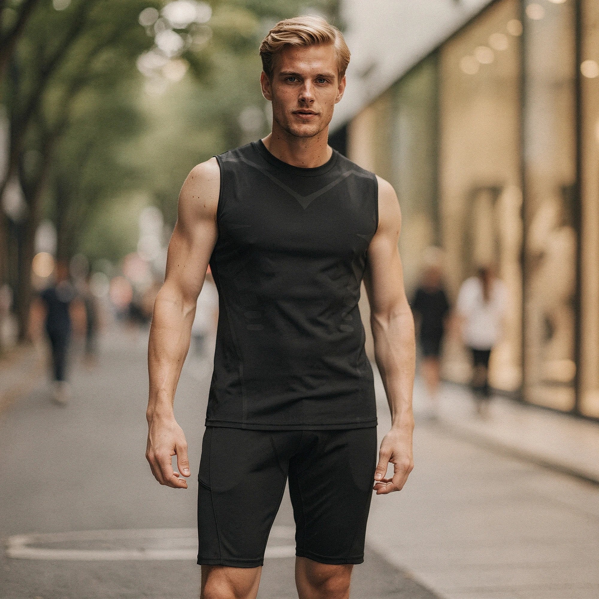 View of a sleek athletic tank in dark gray, featuring quick dry fabric and a modern, fitted design