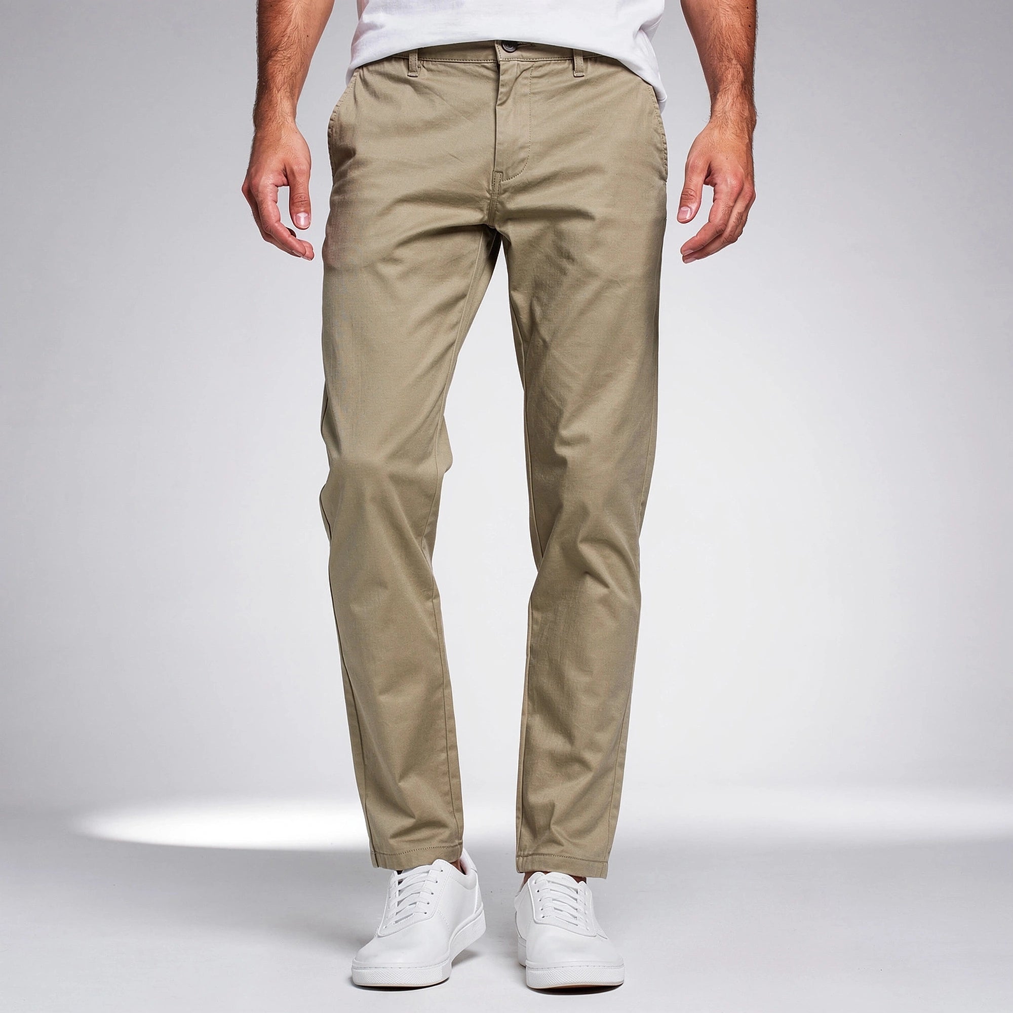 View of slim fit casual pants in a soft, breathable fabric, featuring a sleek design and comfortable waistband