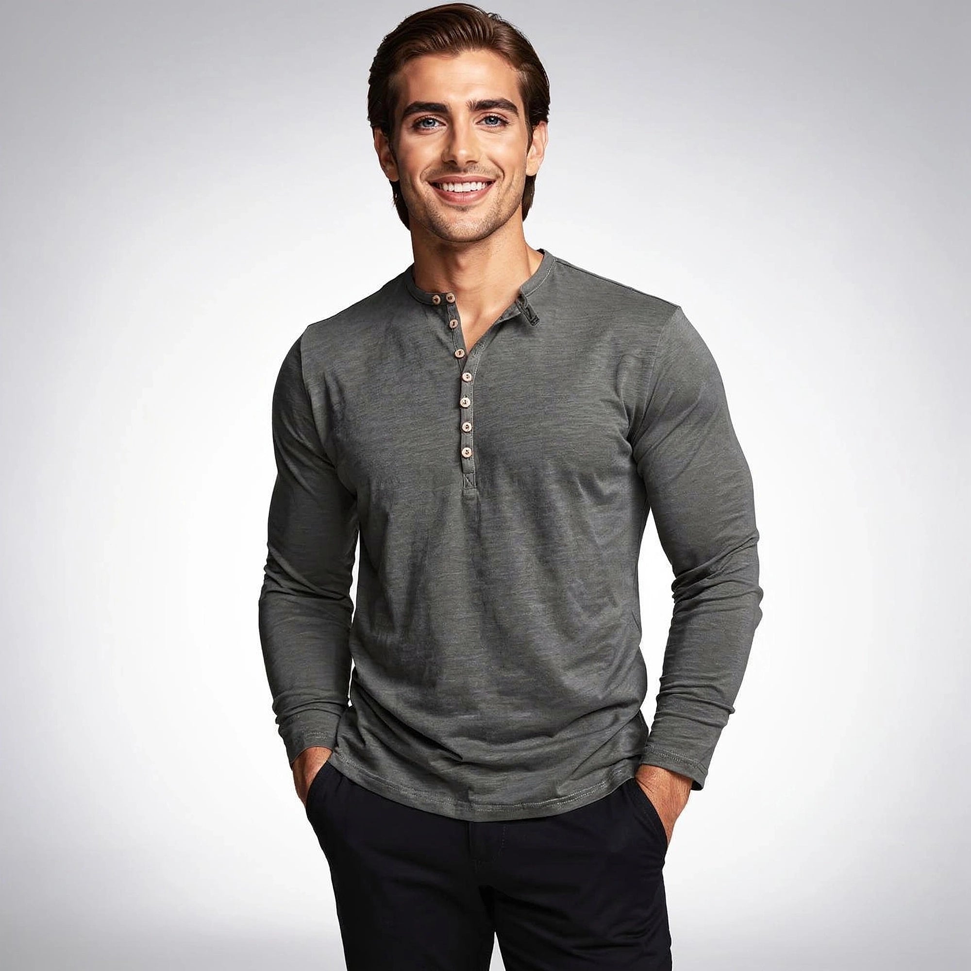 View of a comfortable casual long sleeve henley shirt in soft cotton, featuring a relaxed fit and button placket