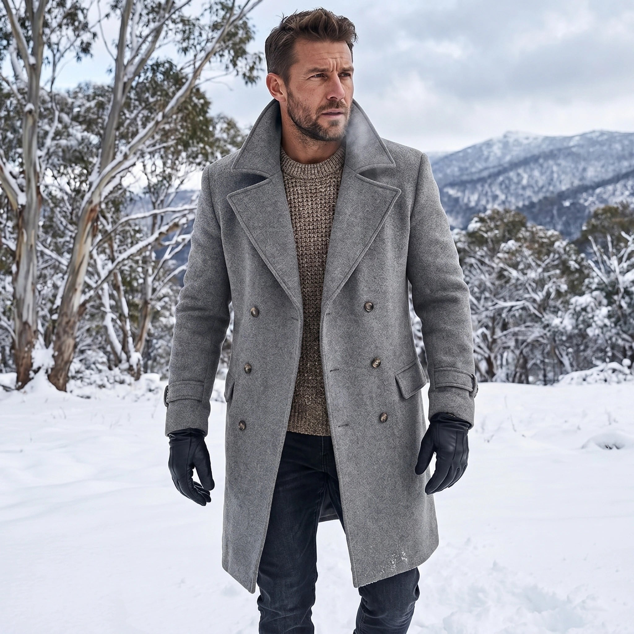 Back view of a men's structured double breasted winter coat in a rich navy hue, showing its tailored construction and sophisticated design against a neutral backdrop.