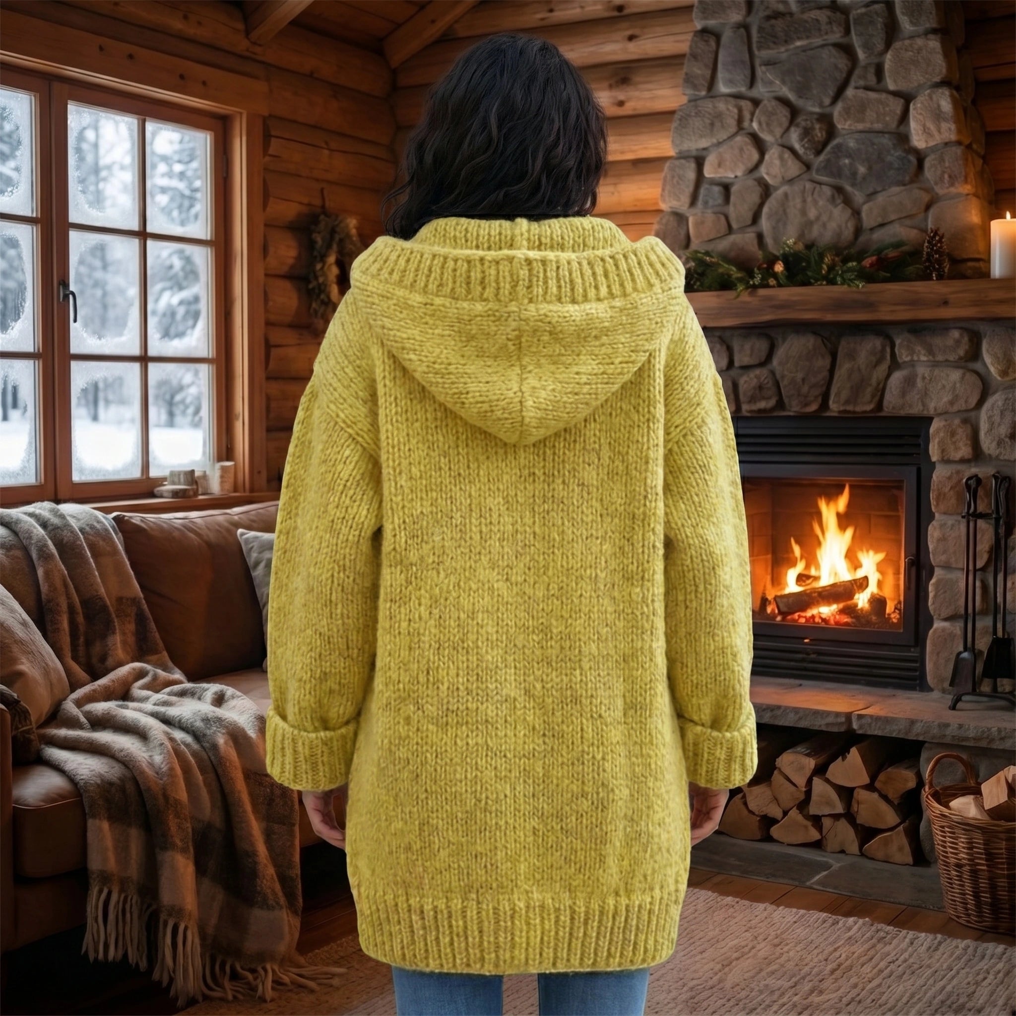 Front view of a model showing a women's cozy oversized winter cardigan jacket in a soft neutral color, styled with high waisted jeans and ankle boots against a minimalist backdrop.