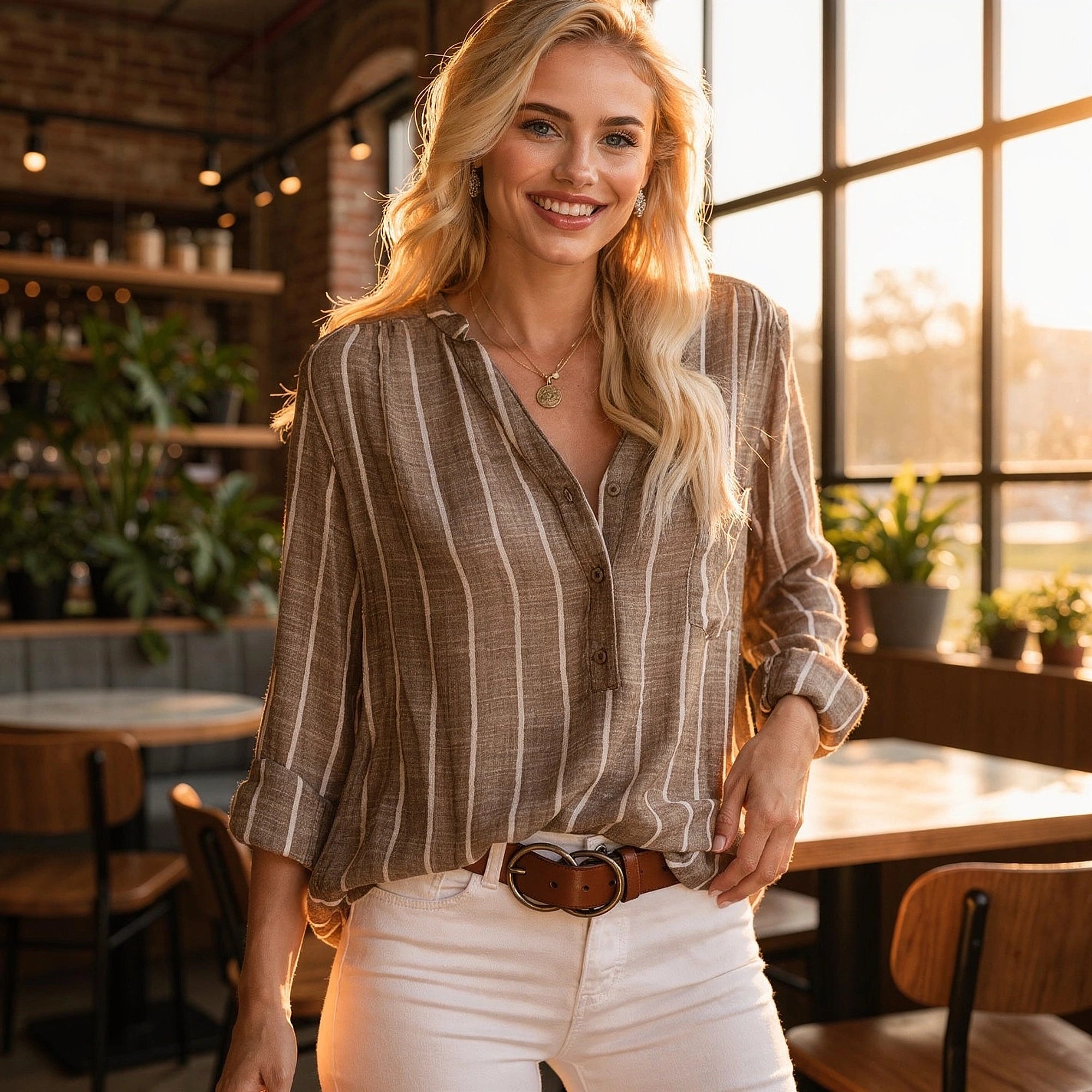 View of a relaxed striped blouse featuring soft fabric, light blue and white stripes, and a loose fit