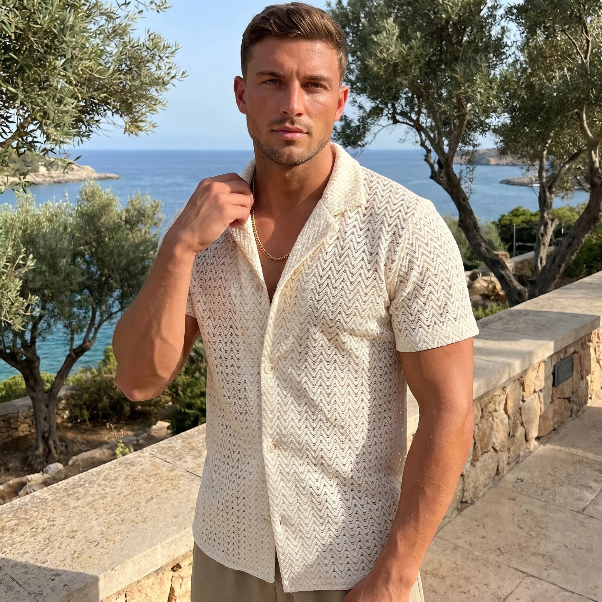 Close up view of the Mens Sleek Sophisticated Summer Shirt showing its fine fabric texture, precise stitching, and design details for a polished summer look.