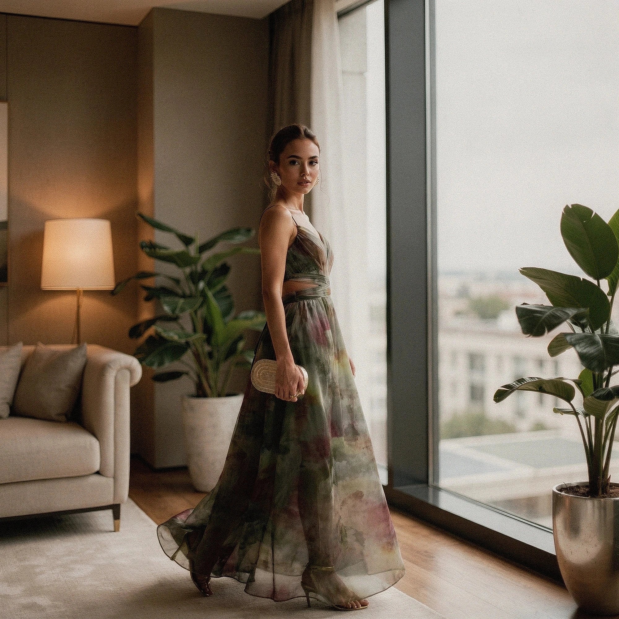 View of a relaxed floral maxi dress featuring adjustable straps, with a vibrant floral pattern on a light background