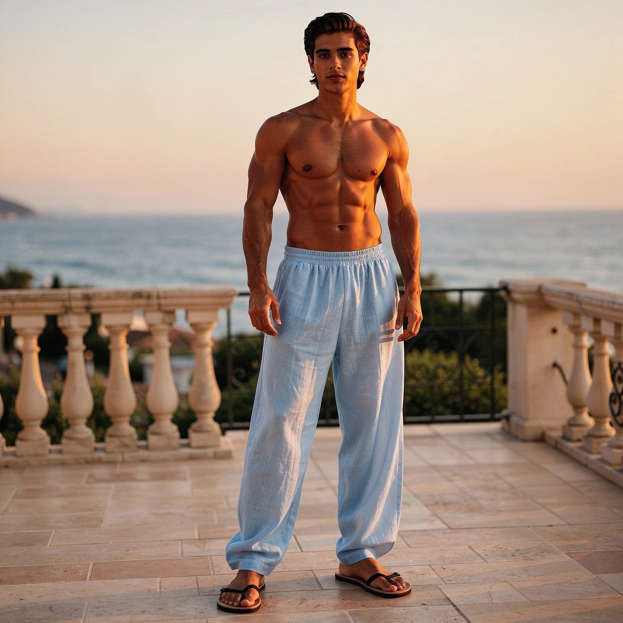 Lightweight casual trousers in a soft beige fabric, featuring a relaxed fit and pockets, view