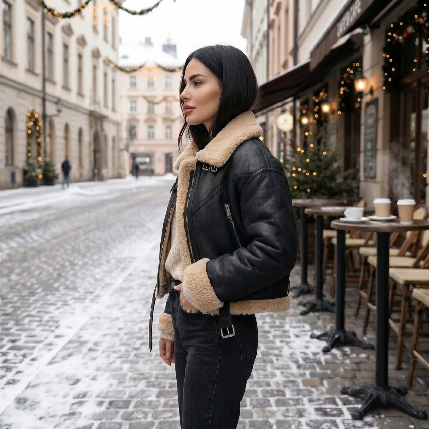 Close up view of the Womens Faux Leather Winter Jacket showing the intricate stitching and rich texture of the faux leather fabric.