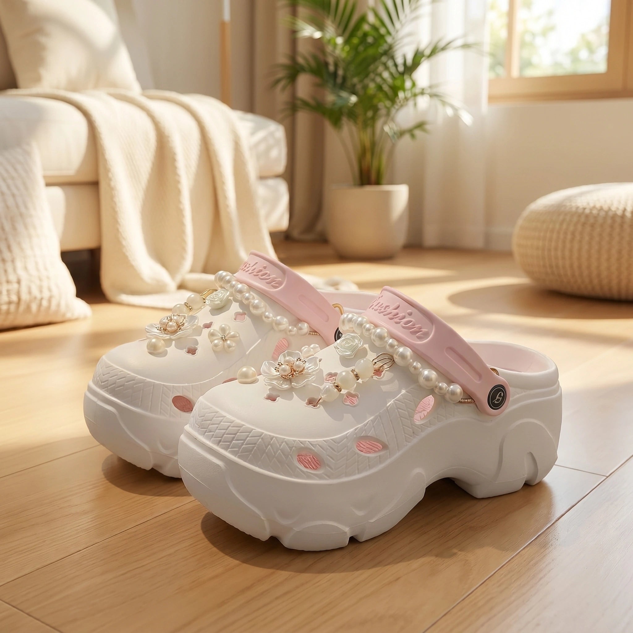 Close up view of the soft fabric and intricate stitching of Womens Comfortable Summer Sandals, showing their quality and design against a neutral background.